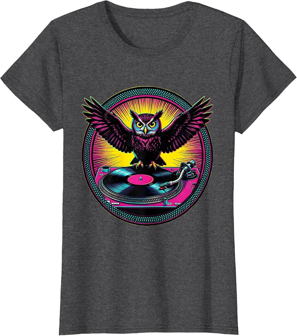 Women's Owl on Vintage Turntable Rock and Roll Design T-Shirt - Dark Heather Grey