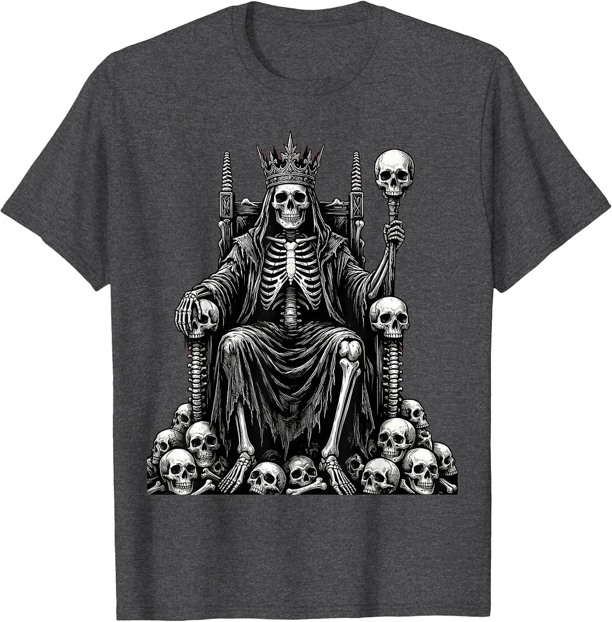 Skeleton King Seated on Bone Throne Graphic T-Shirt - Dark Heather Grey