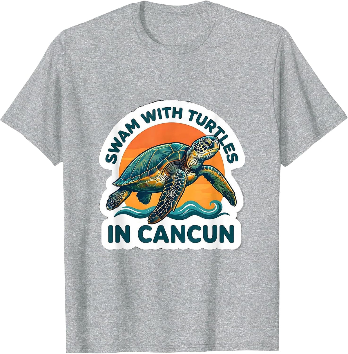 Men's Swam With Turtles In Cancun Sticker Style Tropical Souvenir T-Shirt - Heather Grey