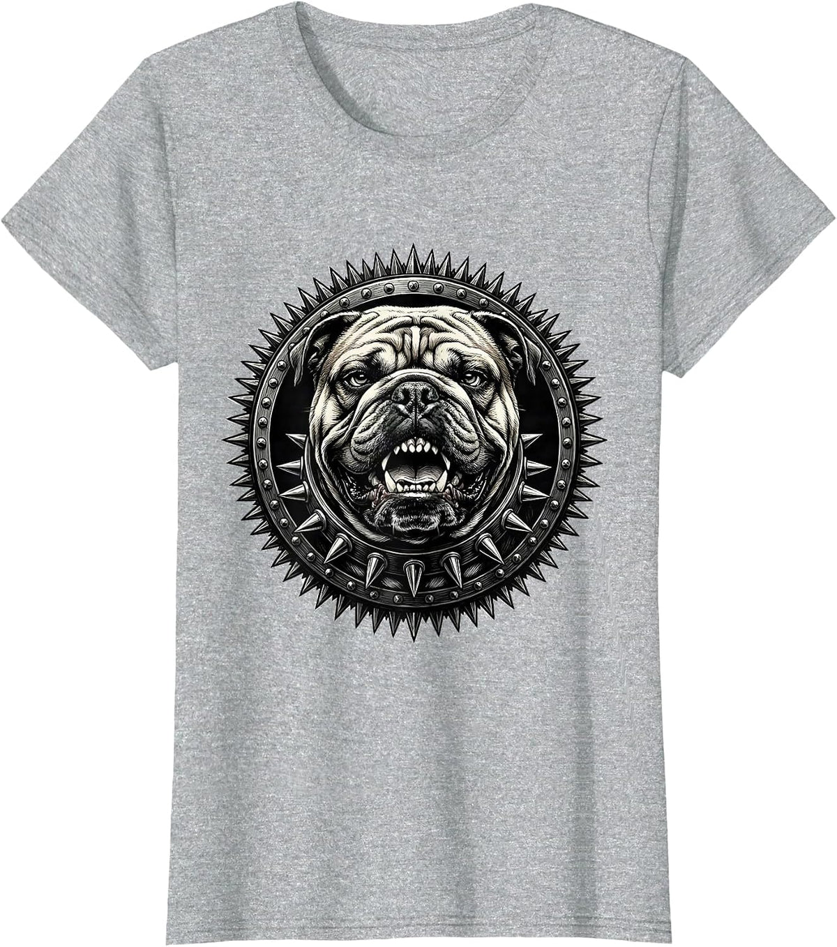 Punk Rock Snarling Bulldog Spiked Collar Graphic T-Shirt - Heather Grey