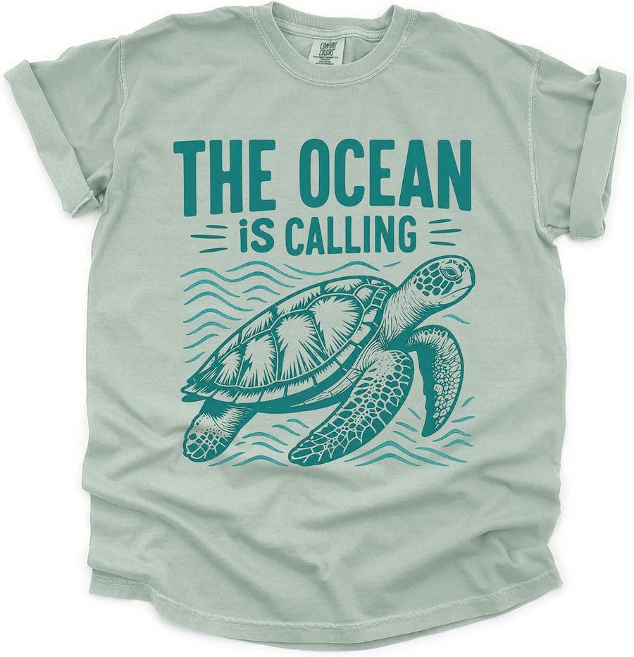 The Ocean is Calling Garment Dyed Shirt, Sea Turtle Shirt Women, Beach Vacation Tee, Ocean Lover Shirt, Coastal Graphic Tee