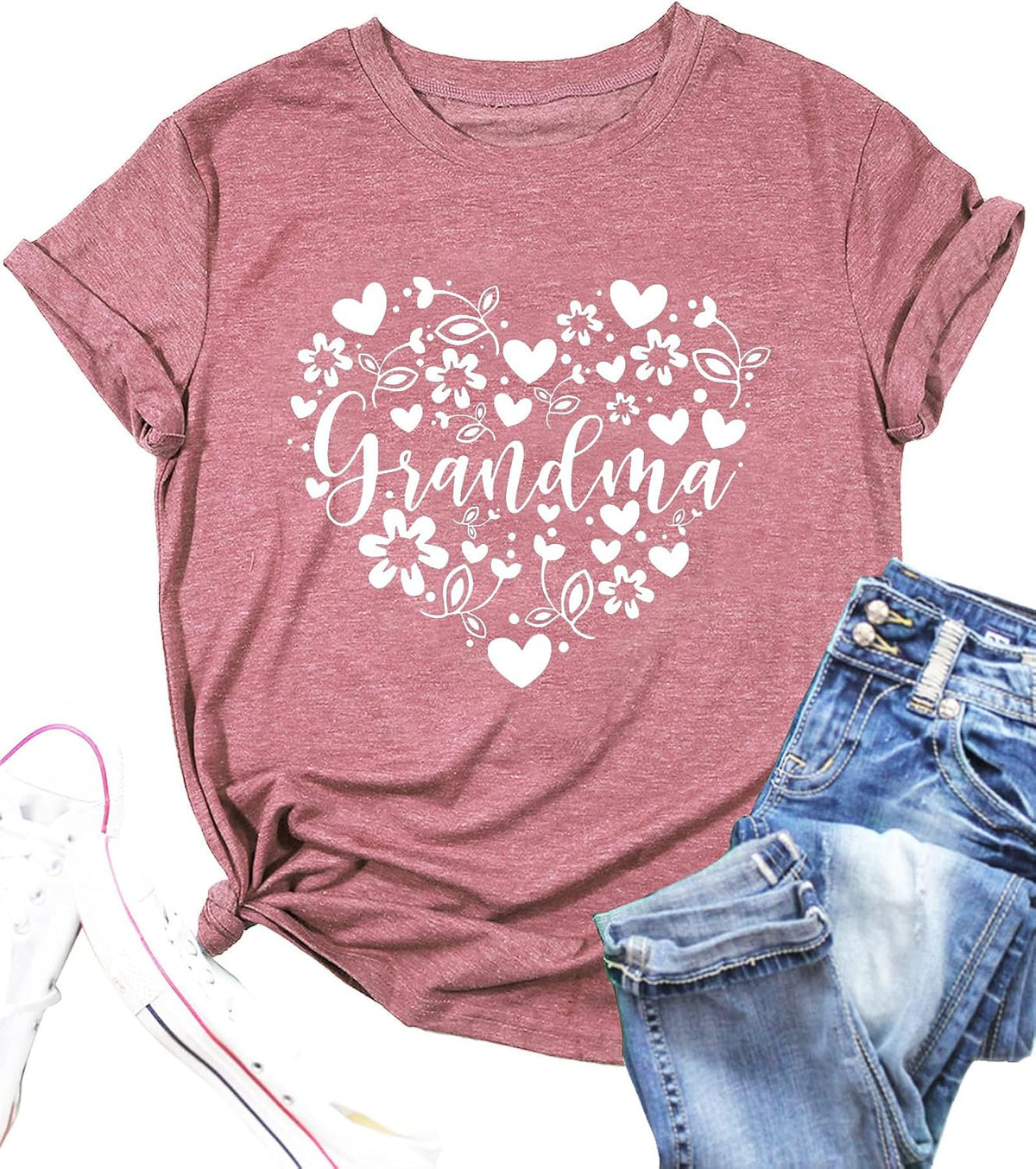 Grandma Tshirts Women Grandmother Life Tee Heart Floral Print Shirts Mama Casual Mother Short Sleeve Top - Pink