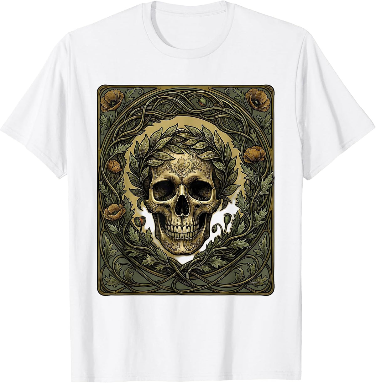 Men's Renaissance Skull Laurel Wreath Crown Art Design T-Shirt - White