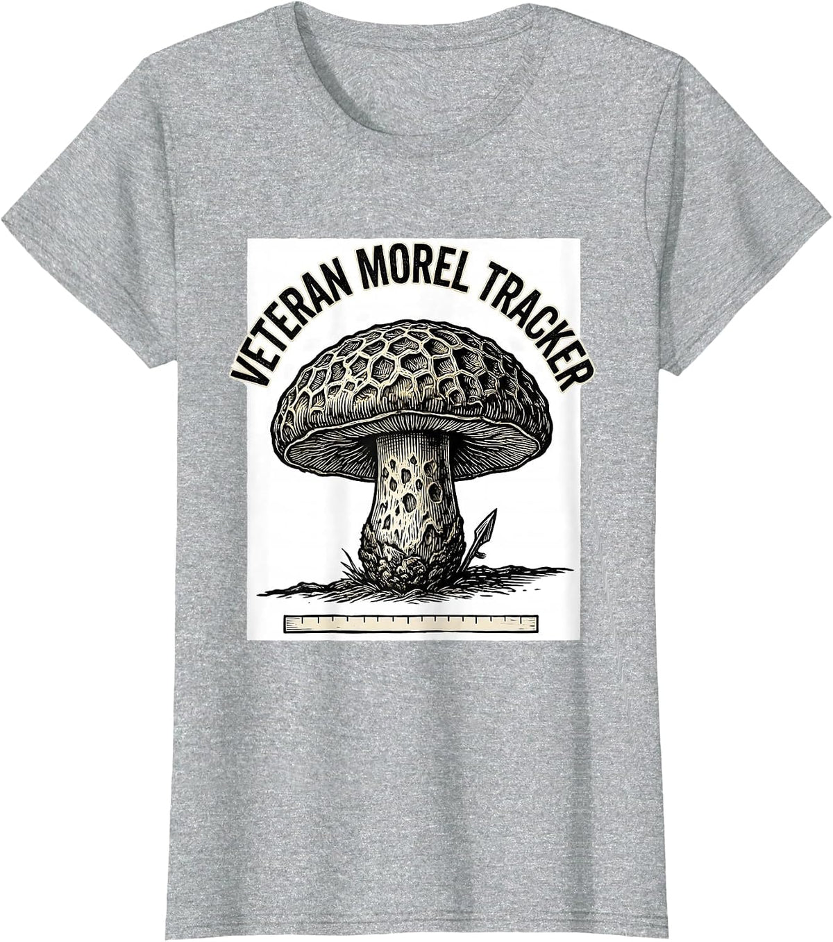Women's Veteran Morel Tracker Woodcut Engraving Mushroom Forager T-Shirt - Heather Grey