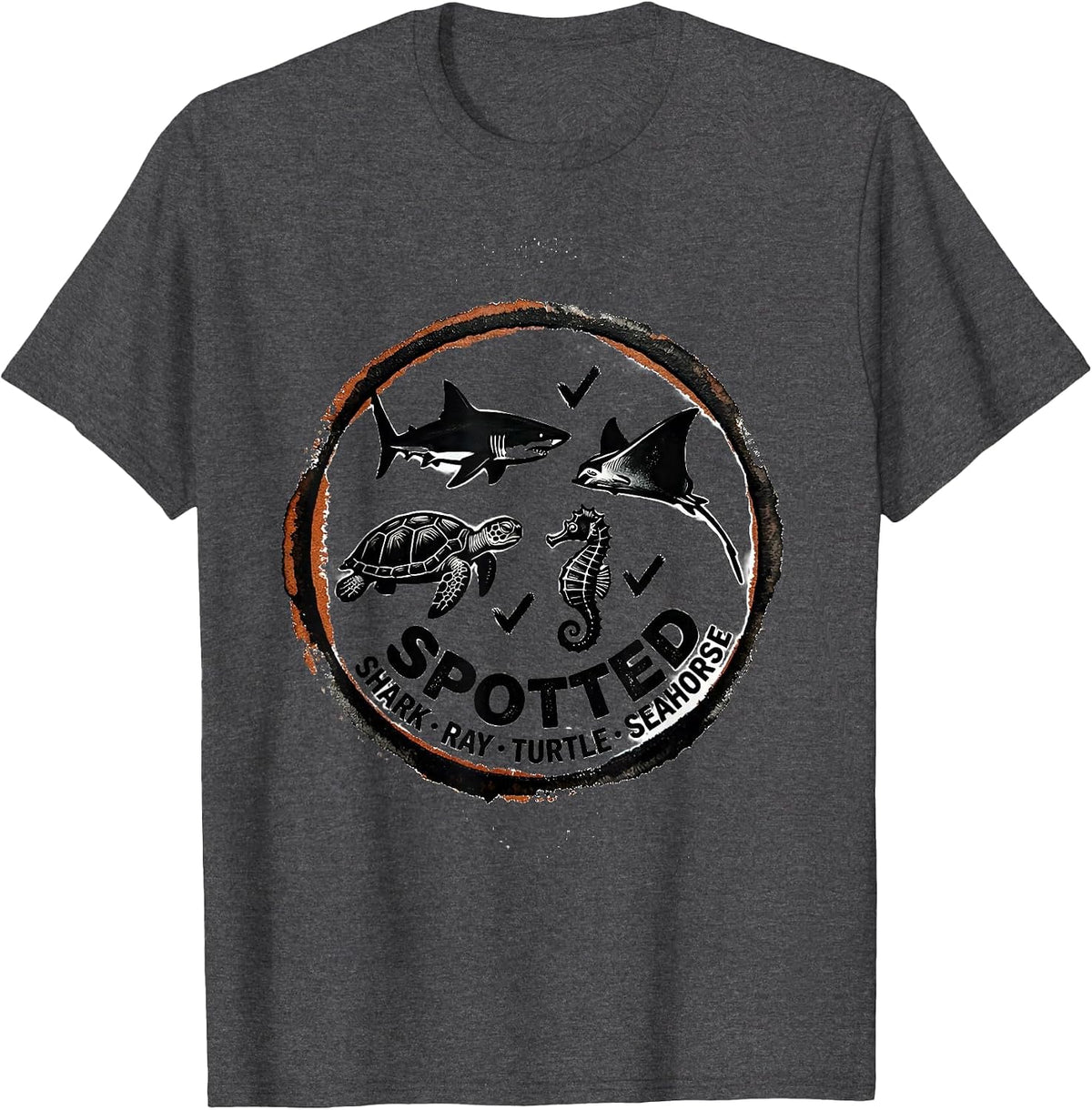 Men's Spotted: Shark, Ray, Turtle, Seahorse Vintage Rubber Stamp T-Shirt - Dark Heather Grey