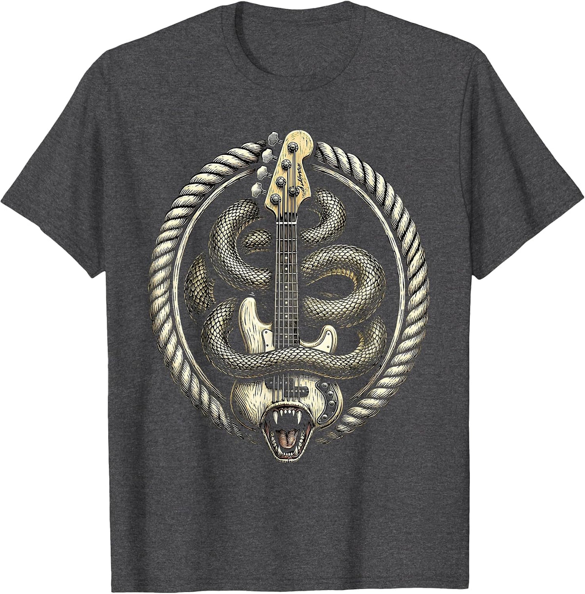 Bass Guitar Serpent Morph Rock Band Graphic T-Shirt - Dark Heather Grey