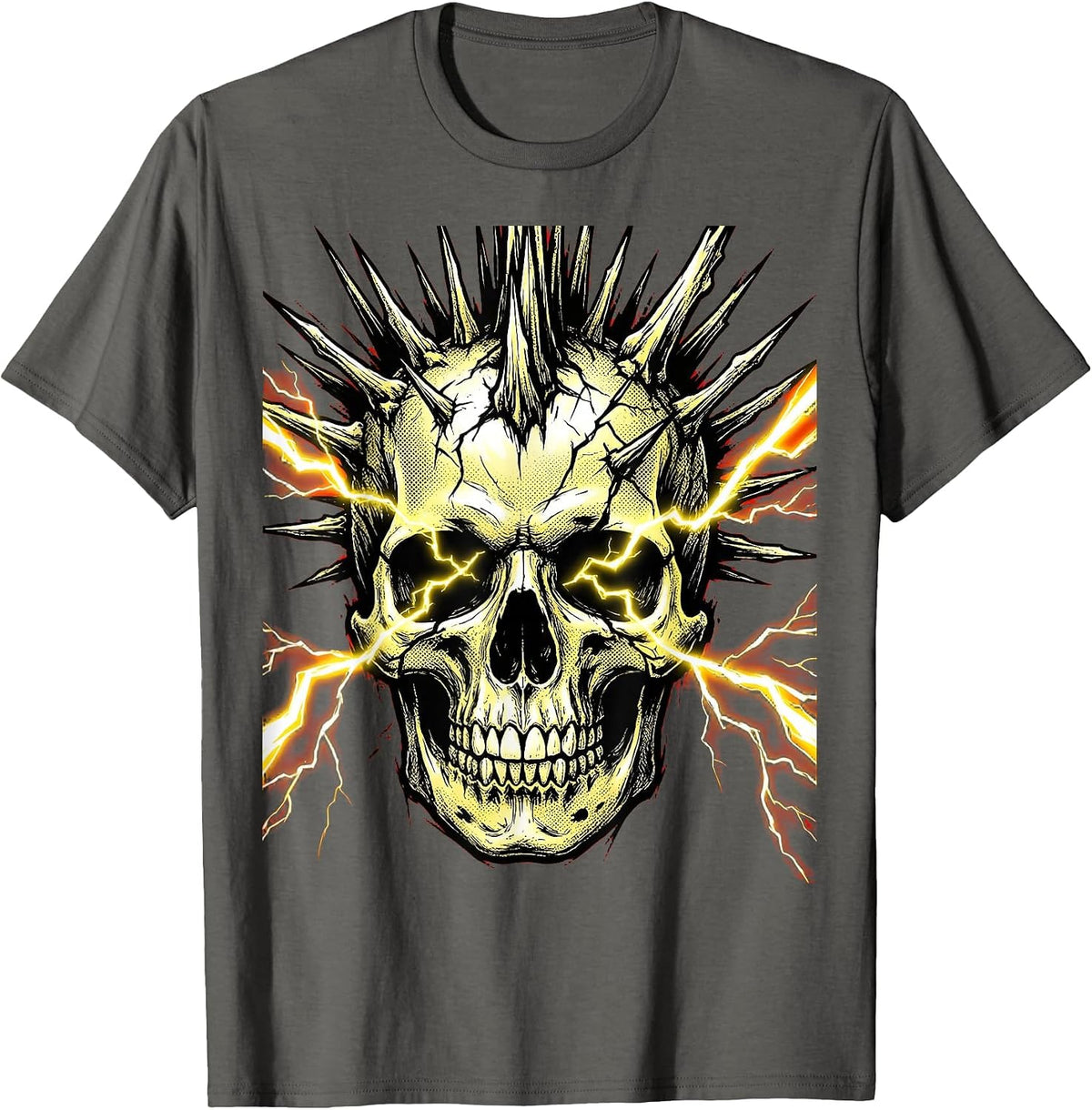 Mohawk Skull Lightning Bolt Eyes Punk Rock Art T-Shirt - Asphalt Grey