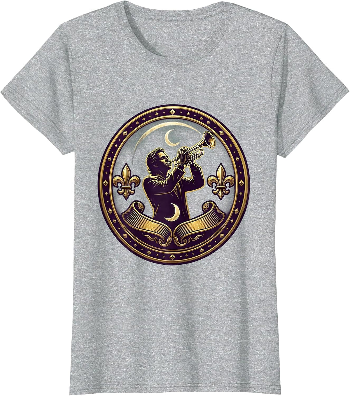 Mardi Gras Jazz Musician Silhouette Crescent Moon T-Shirt - Heather Grey