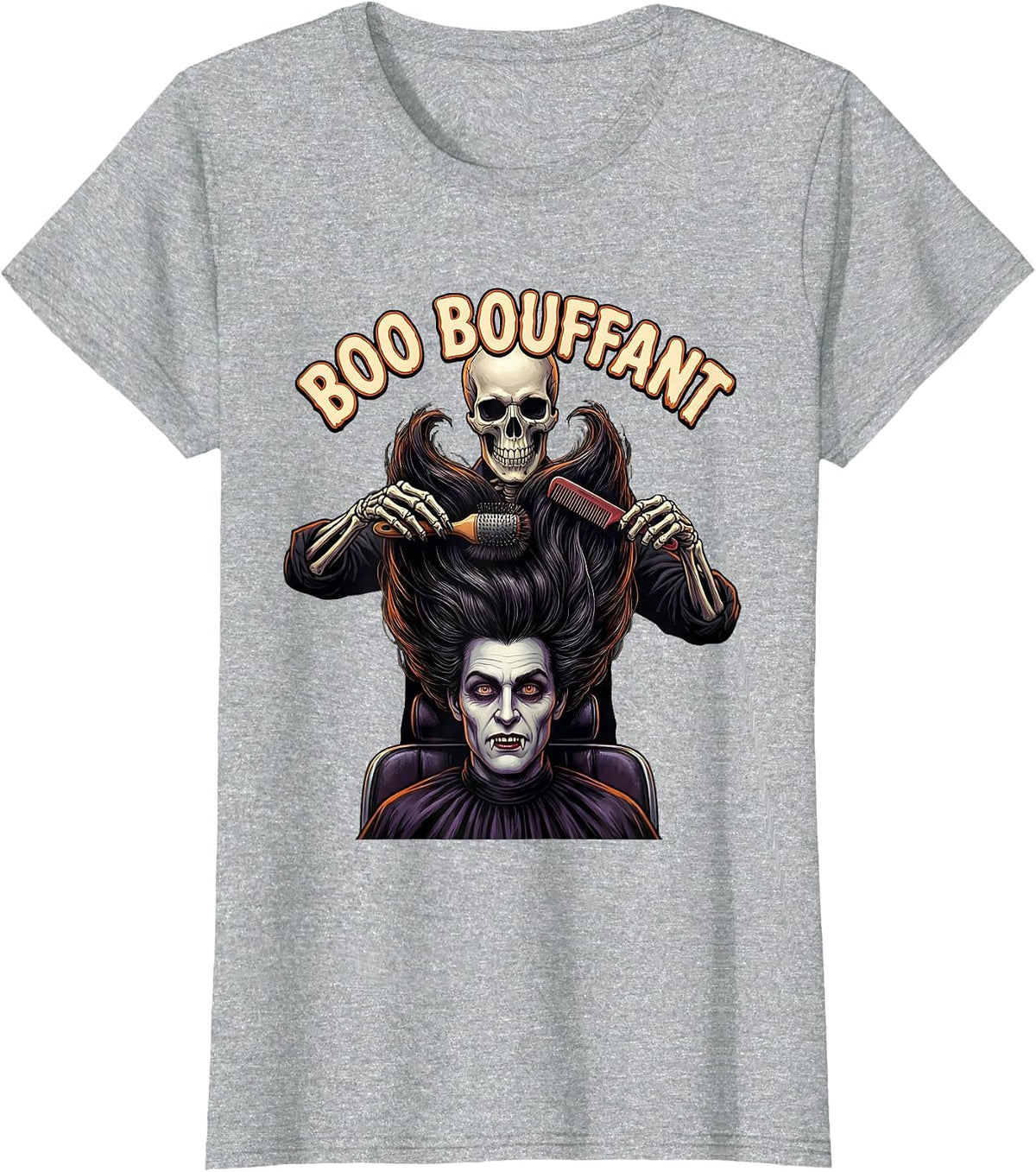 Boo Bouffant Horror Skeleton Hairstylist Halloween Humor T-Shirt - Heather Grey