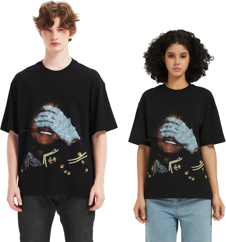 Mens Classic Graphic Tees, (No Rhinestones) Cotton Crewneck Tee, Unisex Oversized Vintage-Style T-Shirts for Men - Black