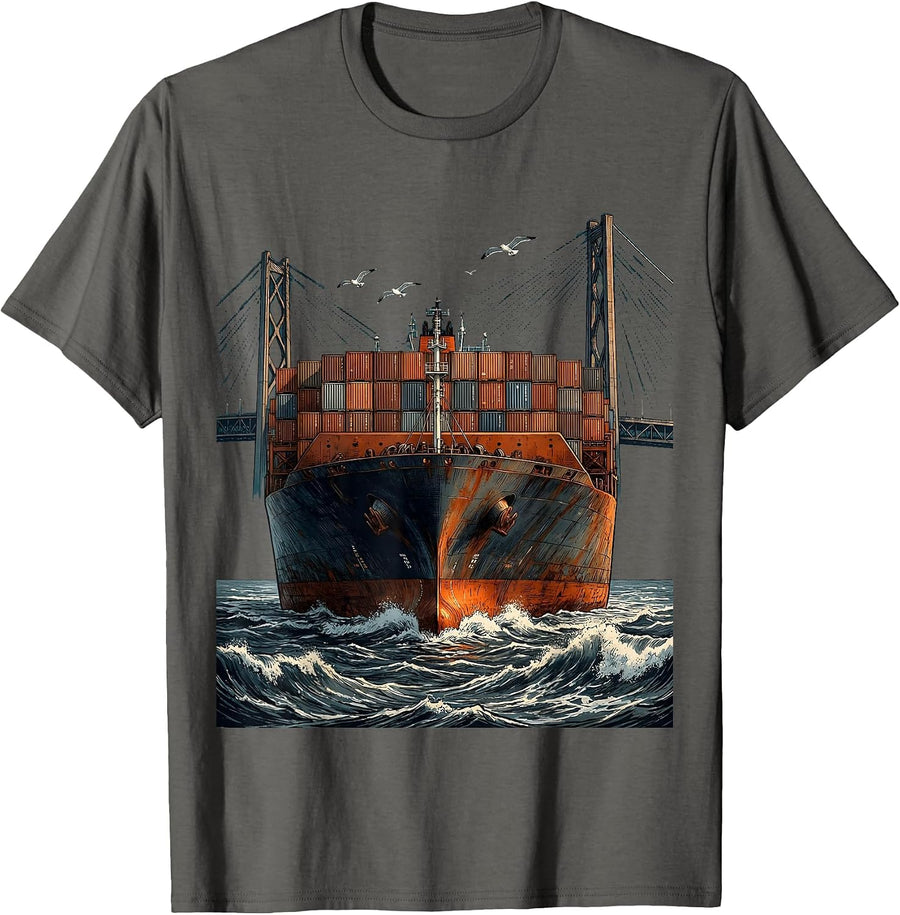 Cargo Ship Under Suspension Bridge East Coast T-Shirt - Asphalt Grey