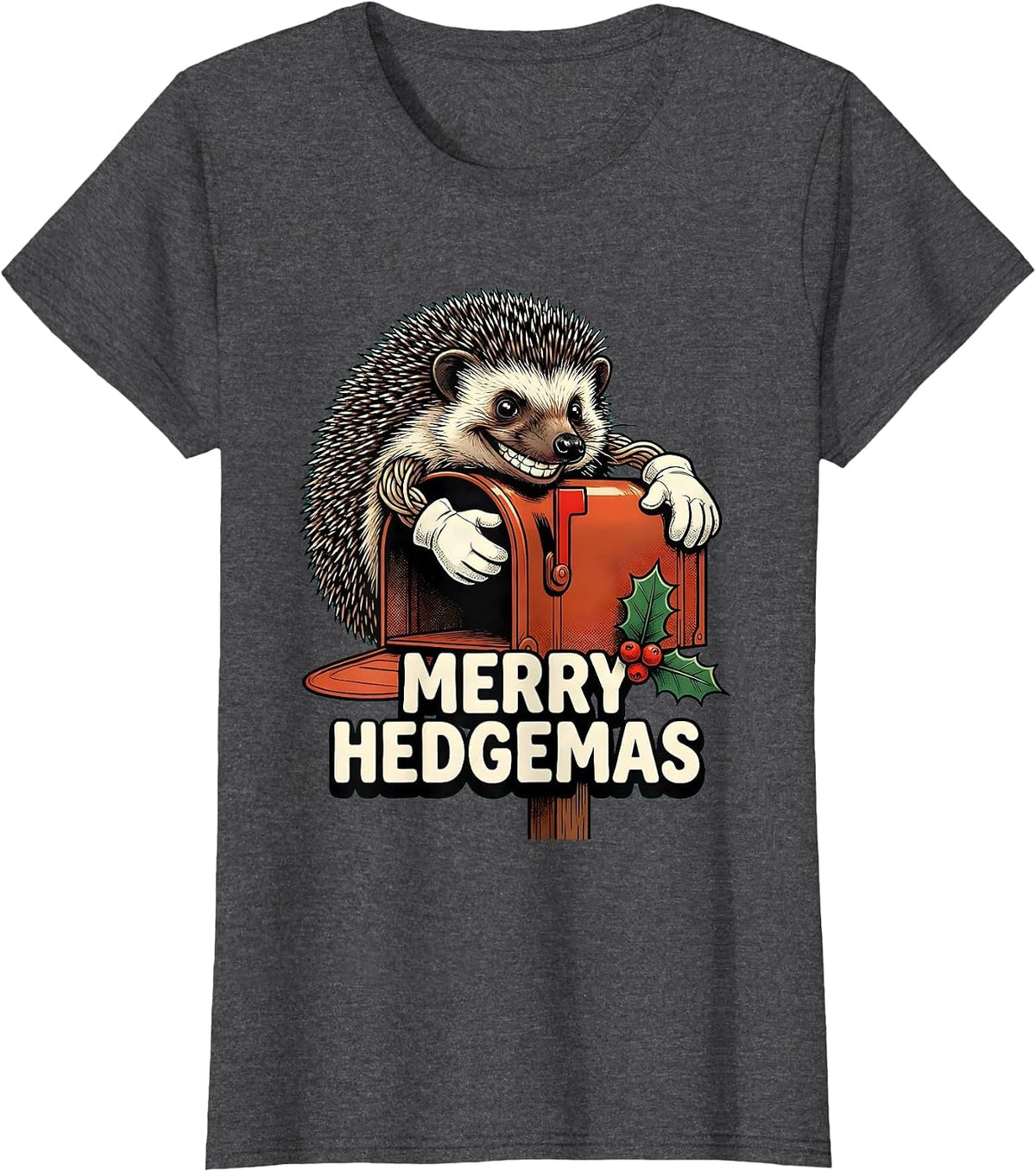 Women's Merry Hedgemas Retro Cartoon Hedgehog Christmas Humor T-Shirt - Dark Heather Grey