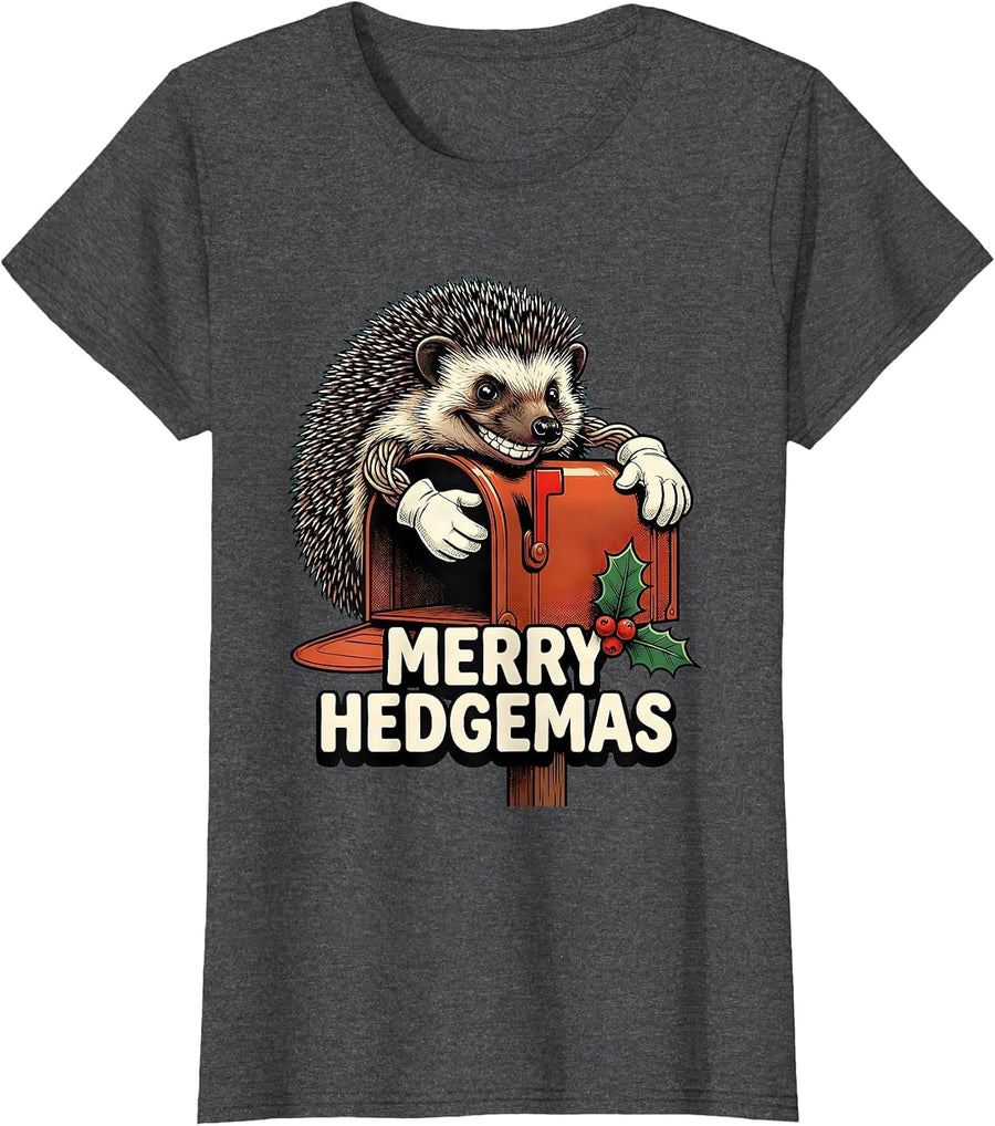 Women's Merry Hedgemas Retro Cartoon Hedgehog Christmas Humor T-Shirt - Dark Heather Grey