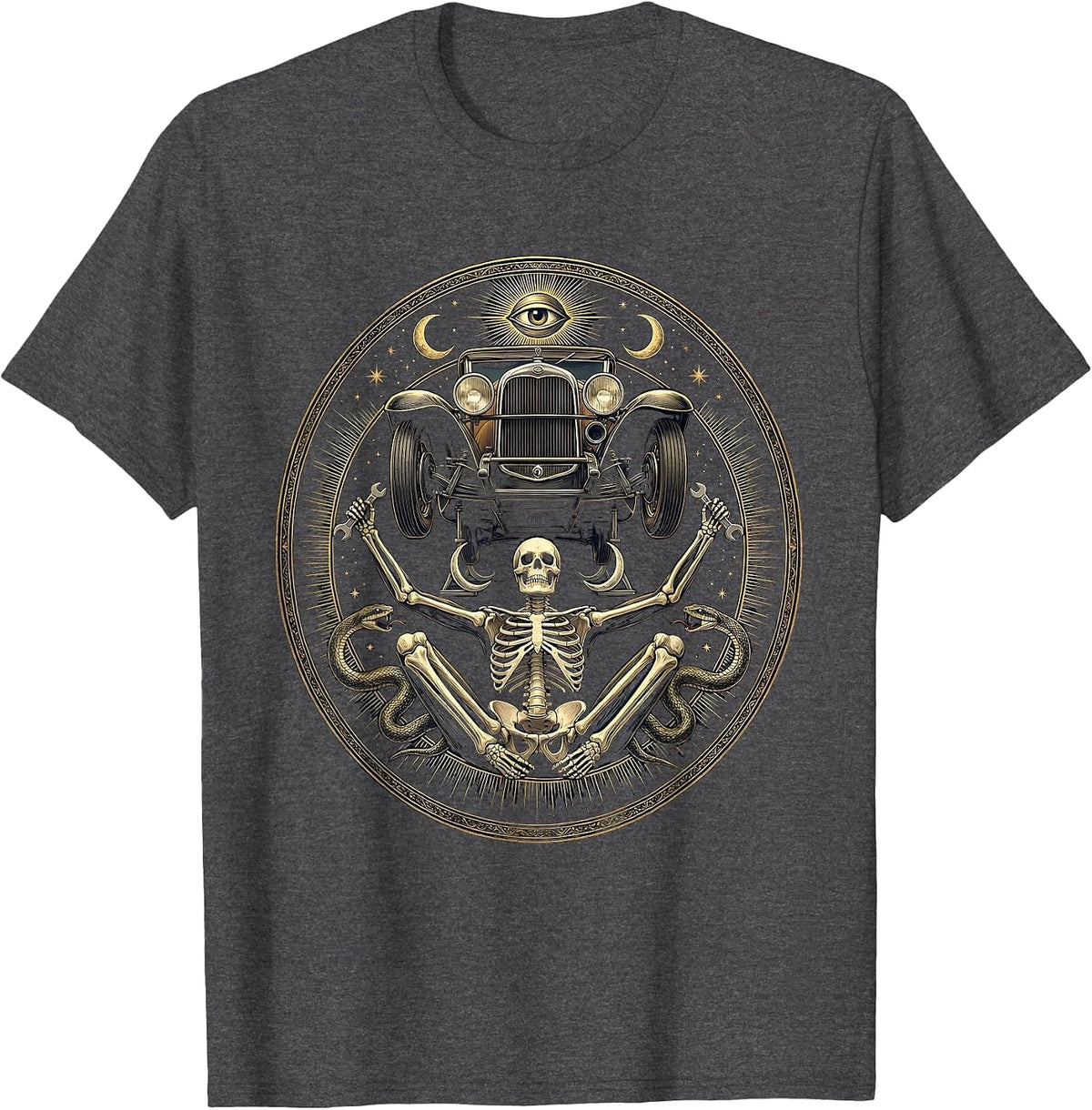 Men's Skeleton Mechanic Under Car Graphic Design T-Shirt - Dark Heather Grey