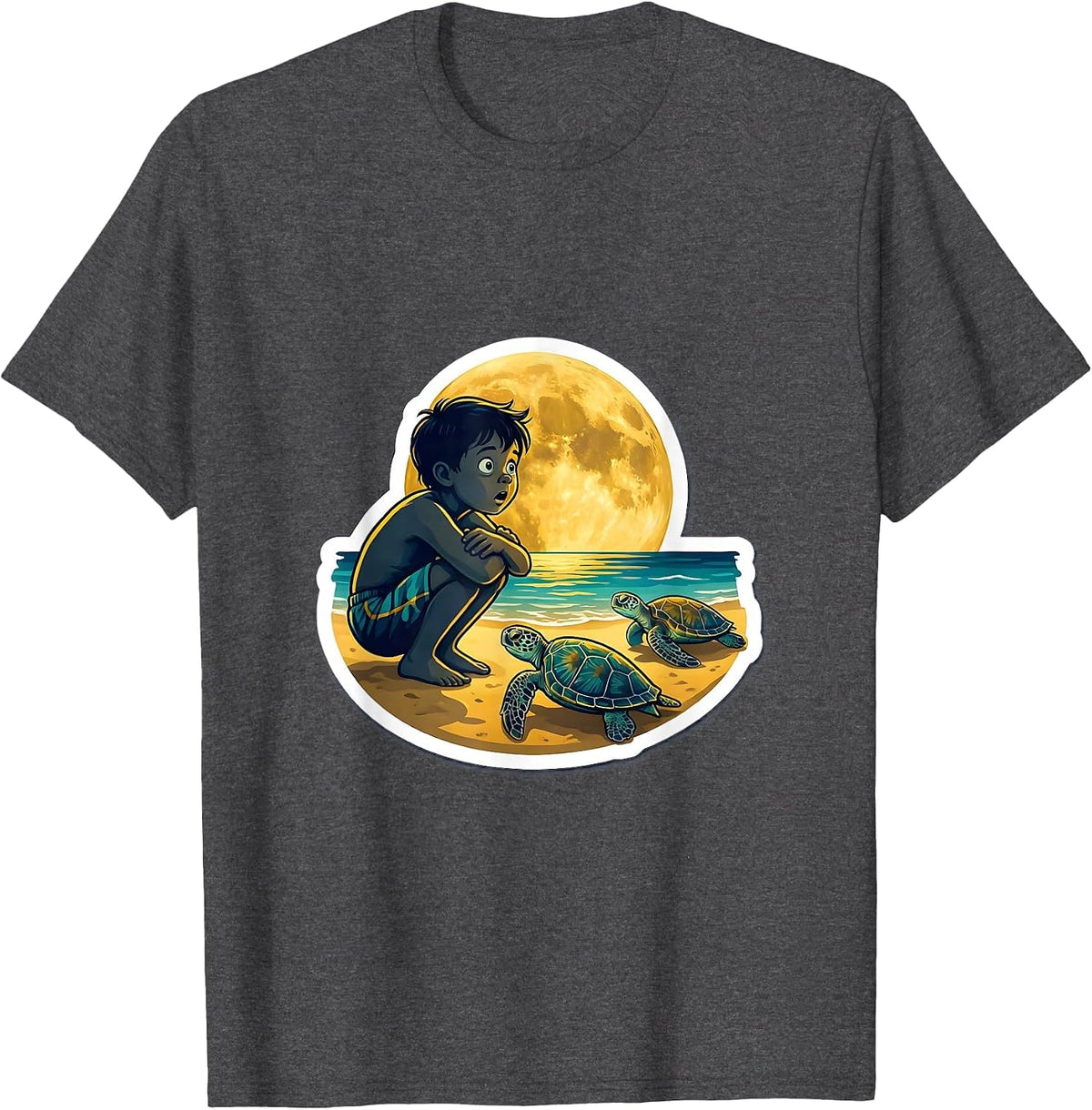 Men's Boys Hawaiian Sea Turtle Nesting Moonlit Beach T-Shirt - Dark Heather Grey