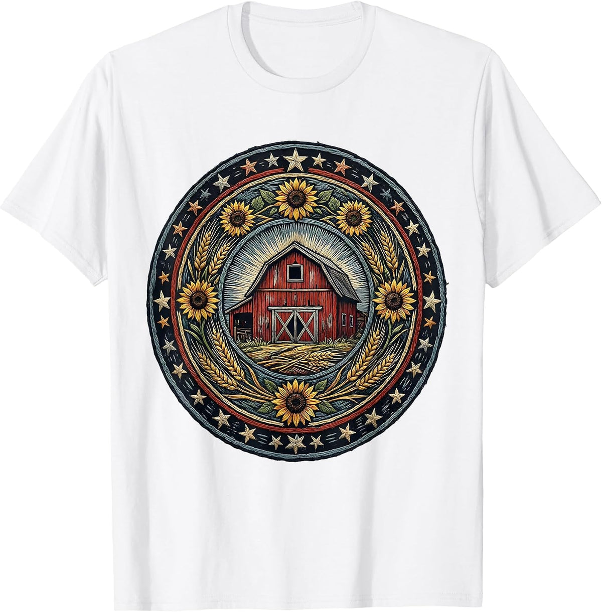Men's Red Barn Blue Sky Stars Patriotic Country Design T-Shirt - White
