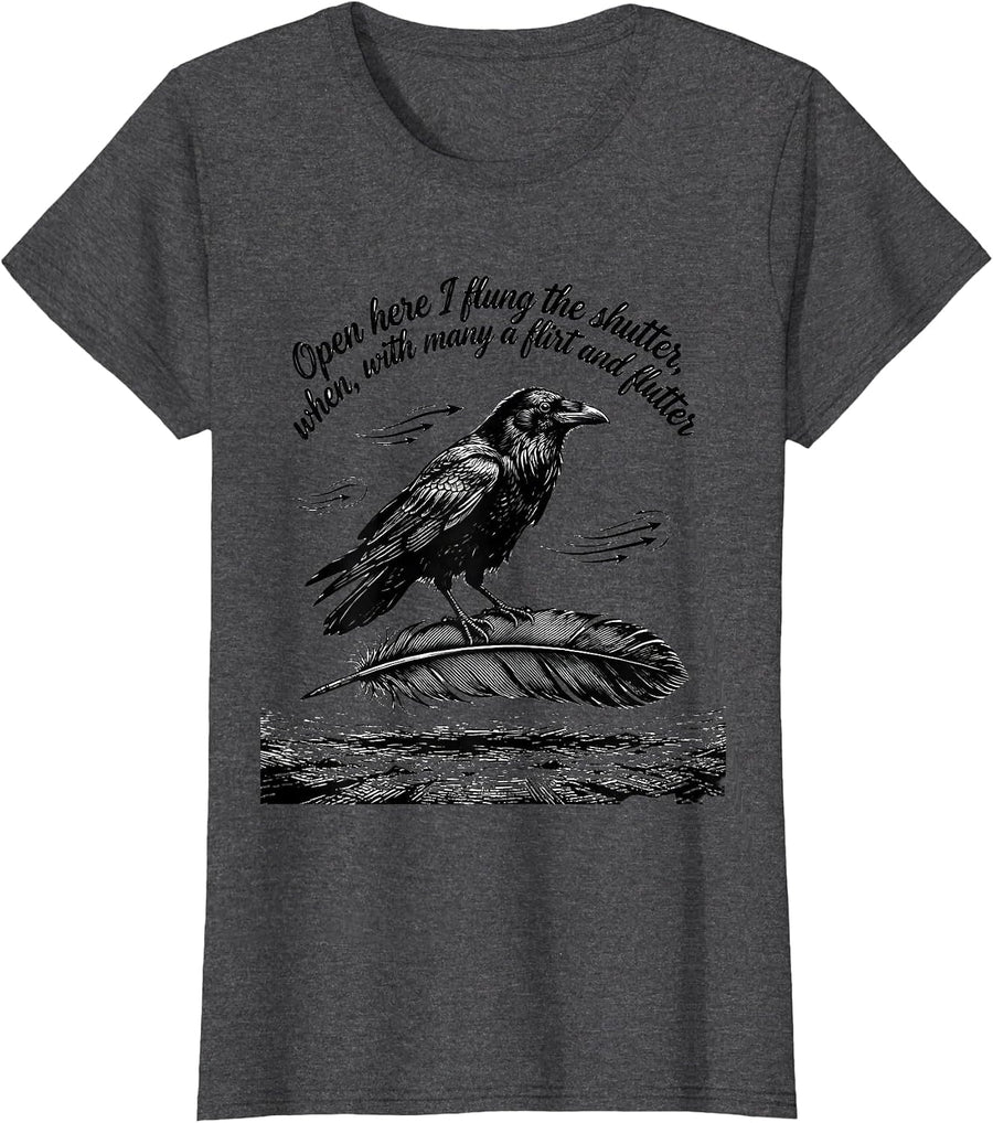 Women's Open Here I Flung the Shutter Gothic Raven Edgar Allan Poe T-Shirt - Dark Heather Grey