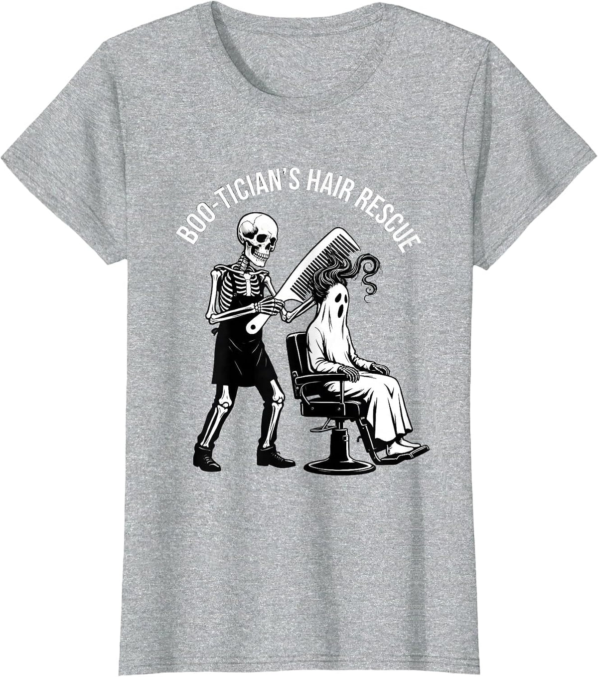 Women's Boo-tician's Hair Rescue Funny Skeleton Hairdresser T-Shirt - Heather Grey