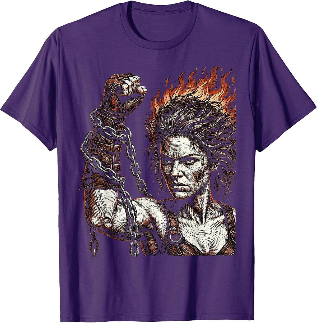 Rock Rebel Raised Fist Chains Leather Gauntlets T-Shirt - Purple