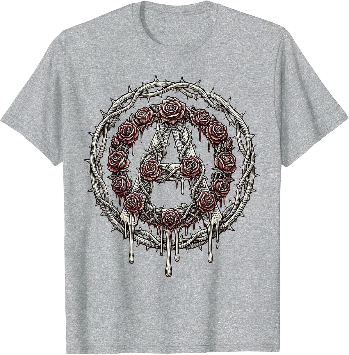 Men's Dripping Rose Anarchy Symbol Punk Art Design T-Shirt - Heather Grey