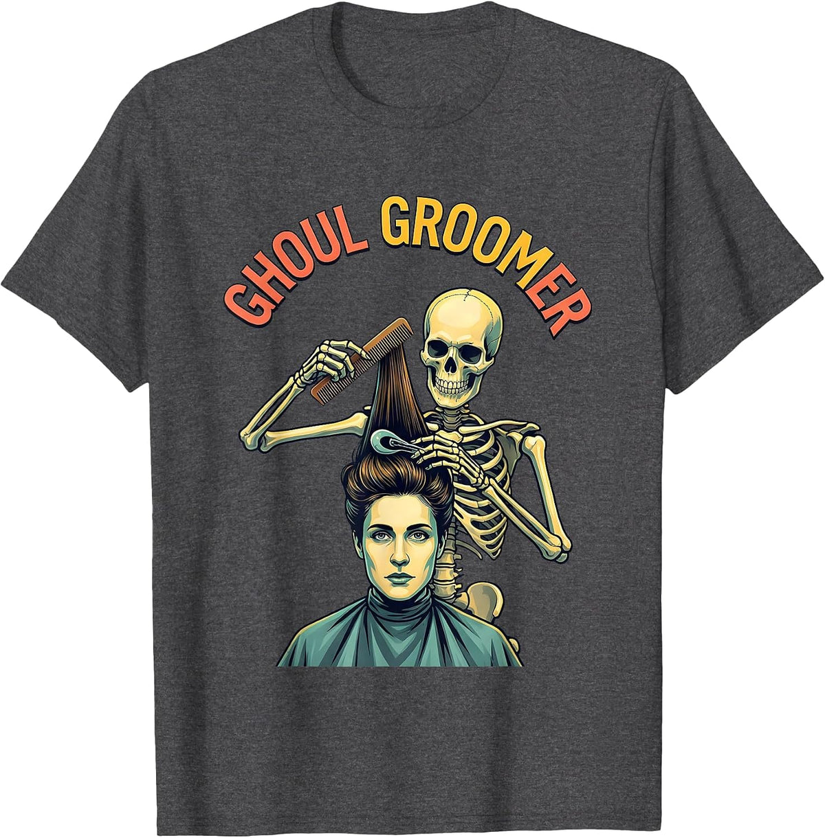 Men's Ghoul Groomer Funny Skeleton Hairstylist Halloween Barber T-Shirt - Dark Heather Grey