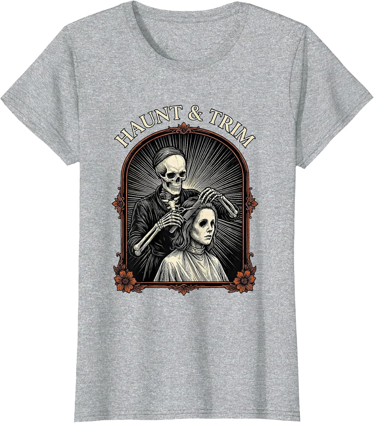 Haunt & Trim Skeleton Hairstylist Tarot Card Halloween Humor T-Shirt - Heather Grey