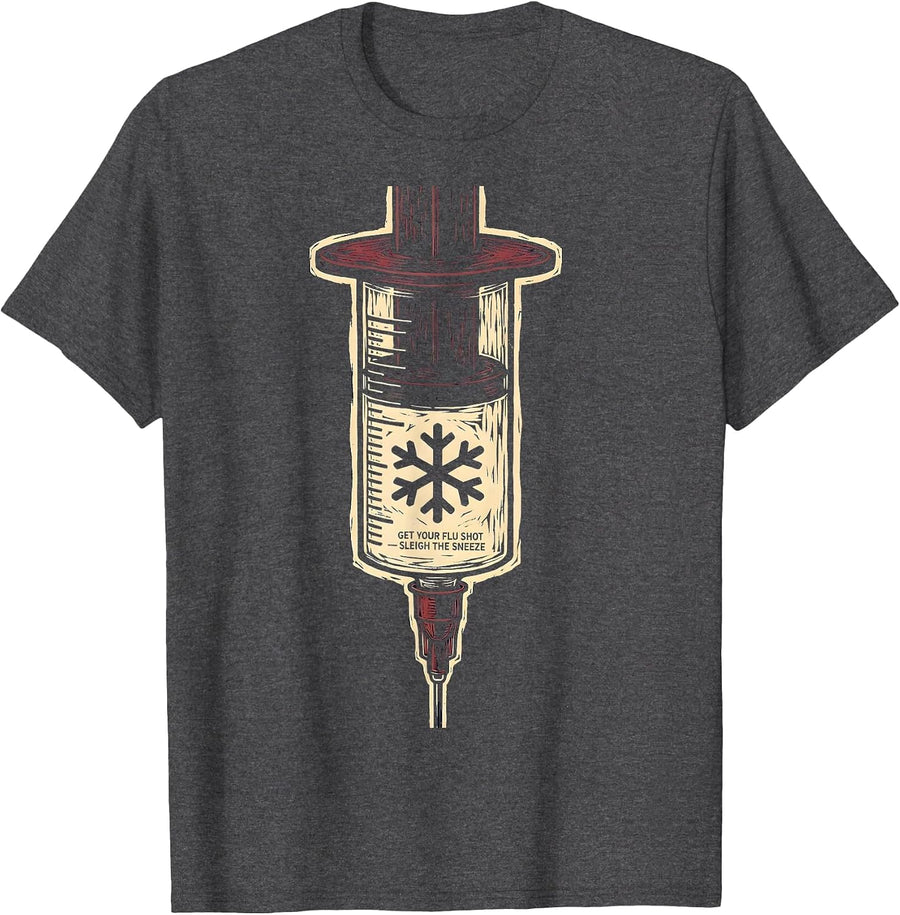 Men's Get Your Flu Shot—Sleigh The Sneeze Funny Nurse Healthcare T-Shirt - Dark Heather Grey