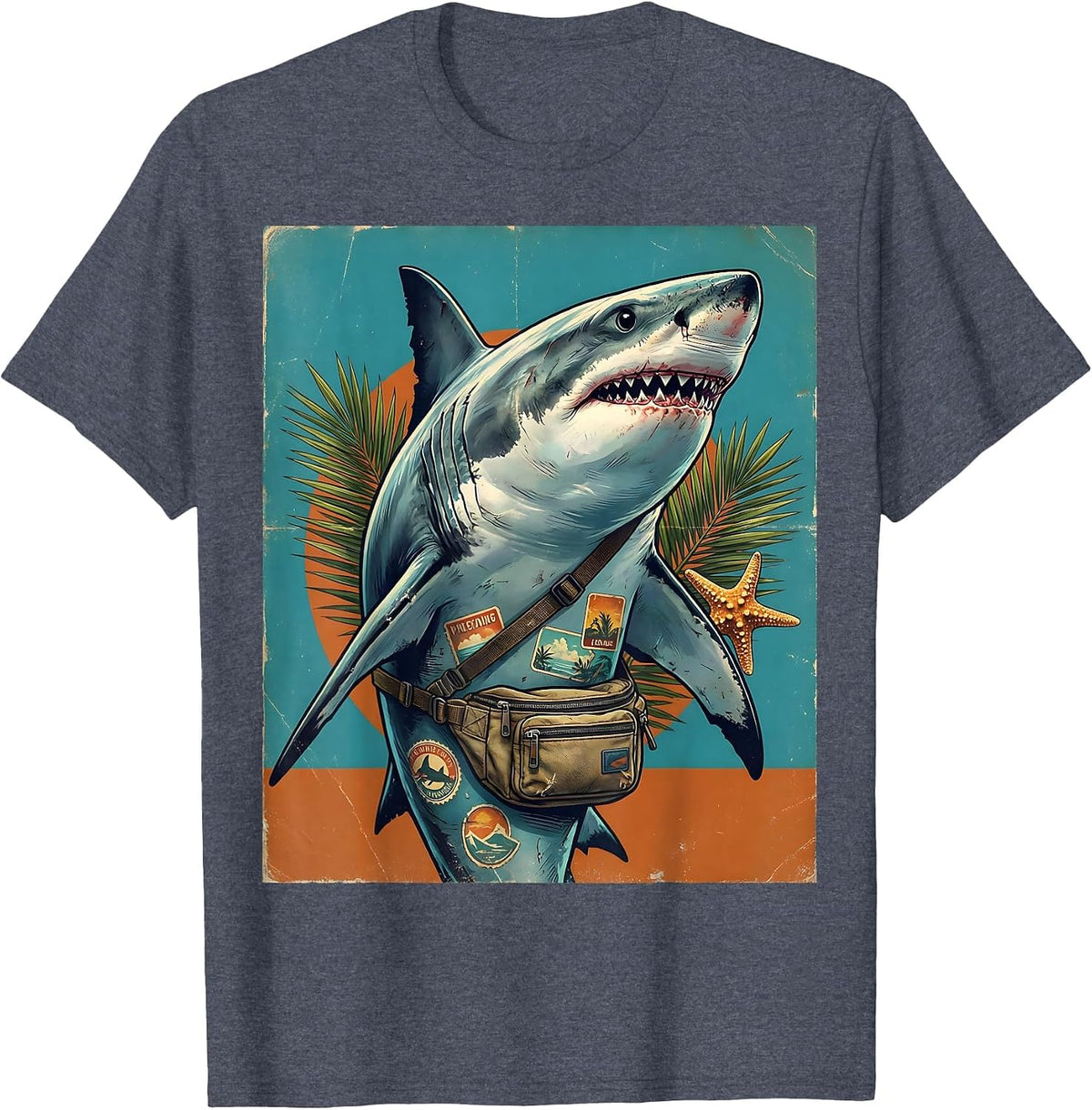 Shark On Vacation Fanny Pack Novelty Graphic T-Shirt - Heather Blue