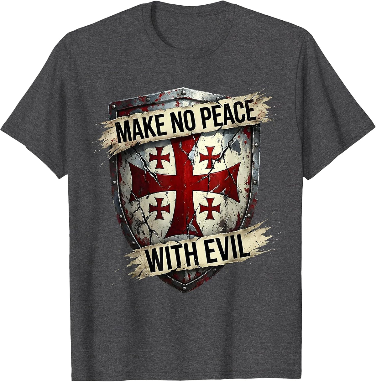 Make No Peace With Evil Jerusalem Cross Design T-Shirt - Dark Heather Grey