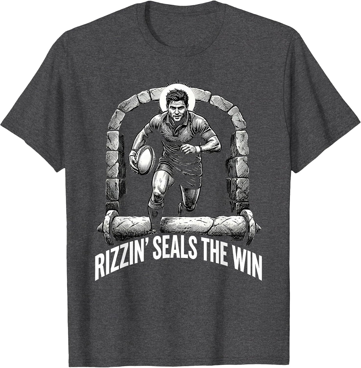 Men's Rizzin Seals The Win Funny Jesus Rugby Easter Christian T-Shirt - Dark Heather Grey