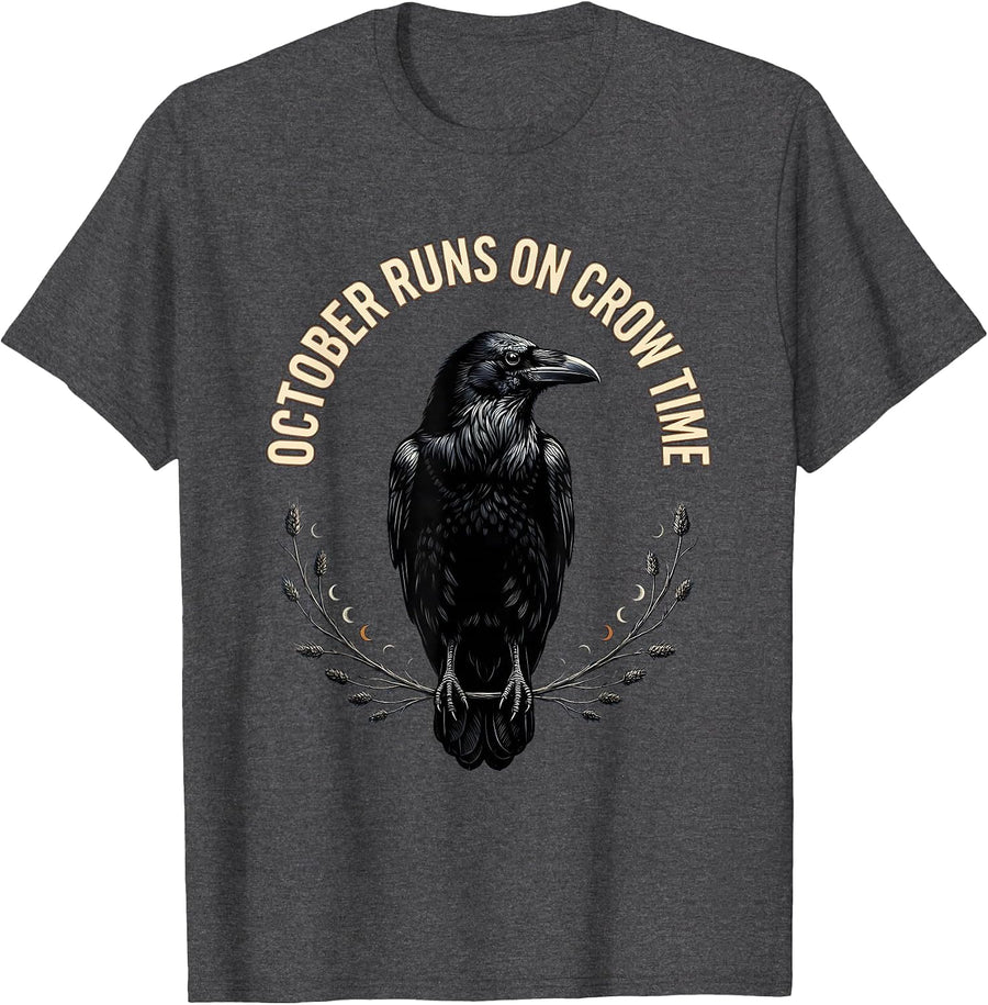 Men's October Runs On Crow Time Gothic Nature Bird Lover Art T-Shirt - Dark Heather Grey