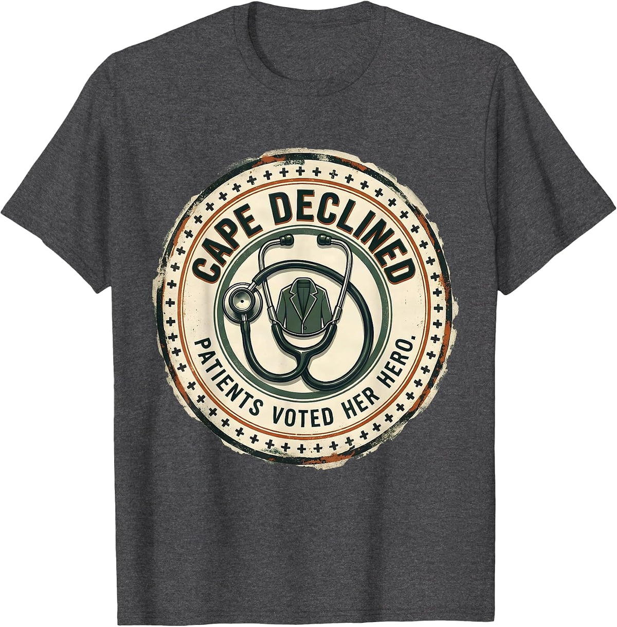 Men's Cape Declined, Patients Voted Her Hero Vintage Nurse Tribute T-Shirt - Dark Heather Grey