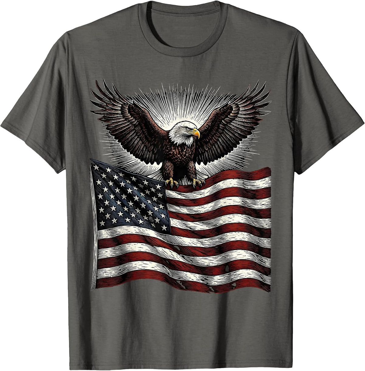 Men's Eagle Soaring Over American Flag Patriotic Design T-Shirt - Asphalt Grey