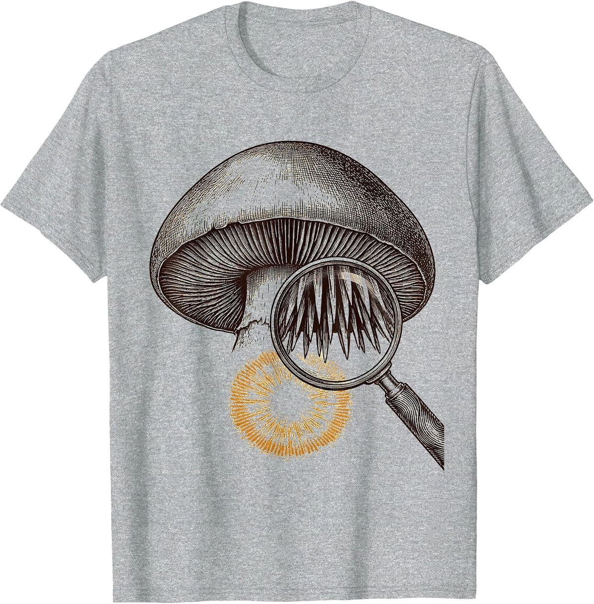 Men's Oversized Hedgehog Mushroom Crosshatch Etching Mycology T-Shirt - Heather Grey