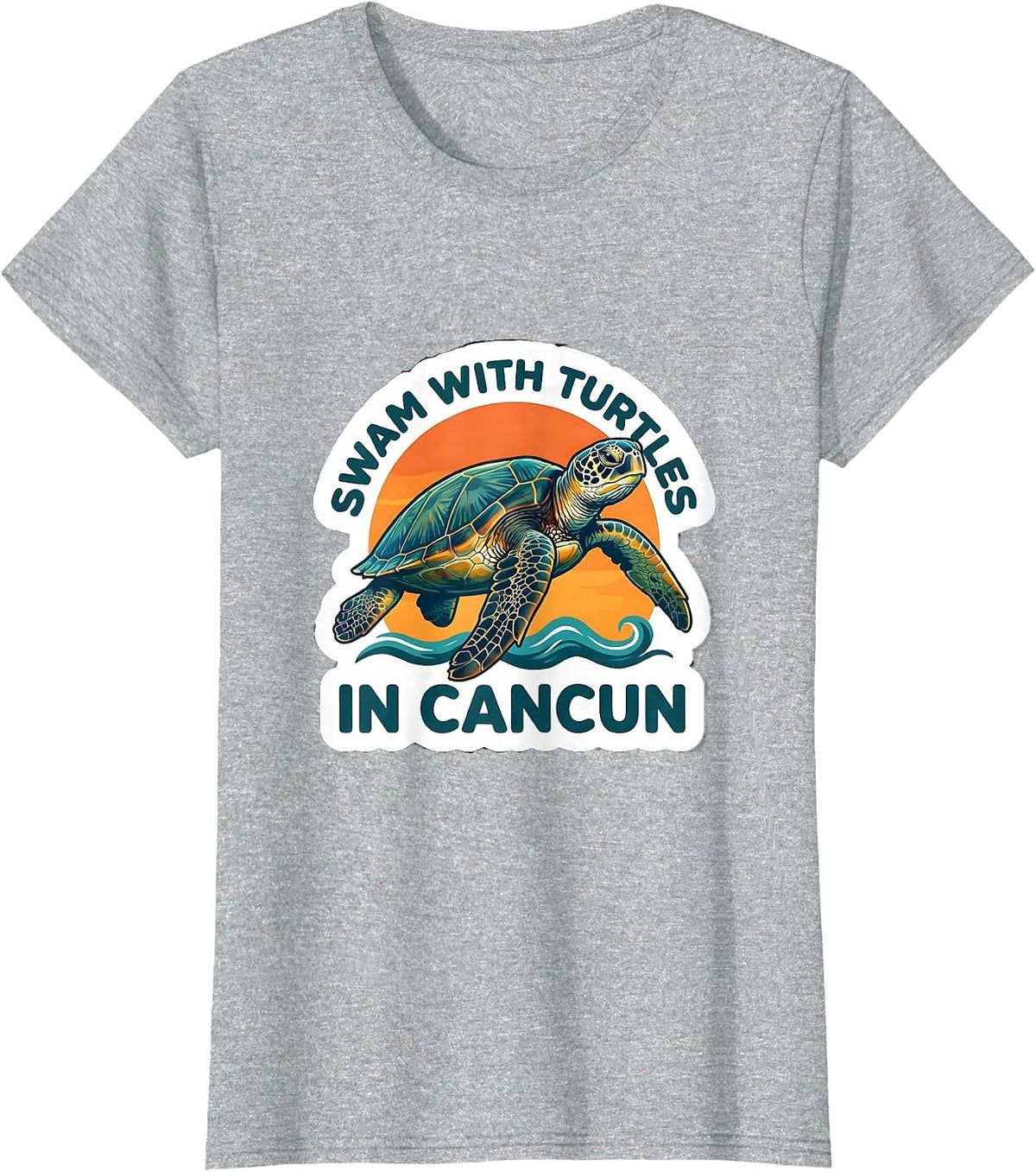 Women's Swam With Turtles In Cancun Sticker Style Tropical Souvenir T-Shirt - Heather Grey
