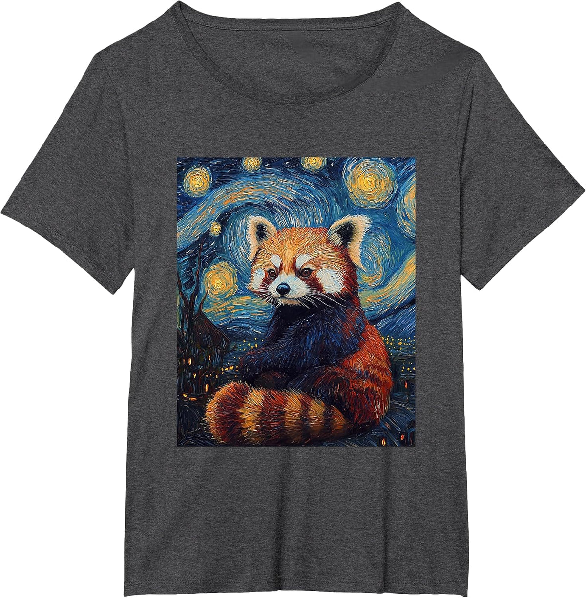 Cute Red Panda Bear Van Gogh Style Starry Night Graphic T-Shirt - Dark Heather Grey