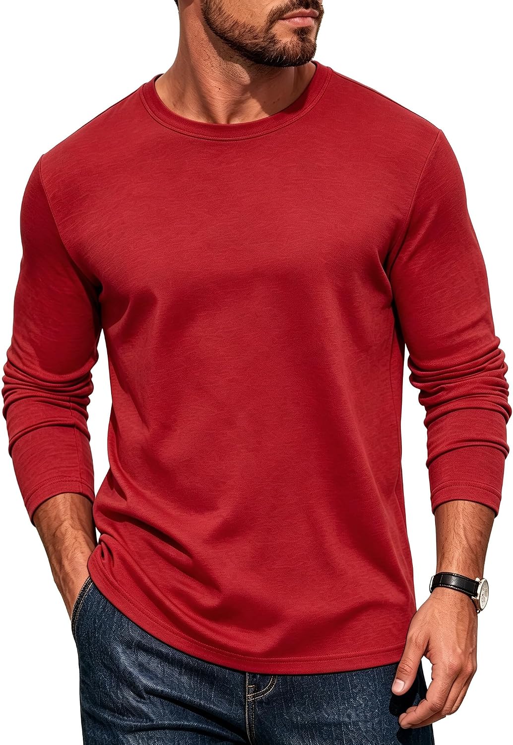Mens Long Sleeve Tee Shirts Crew Neck Casual Regular Fit Plain - 06 Red