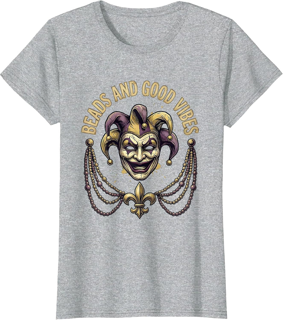 Beads and Good Vibes Mardi Gras Celebration Design T-Shirt - Heather Grey