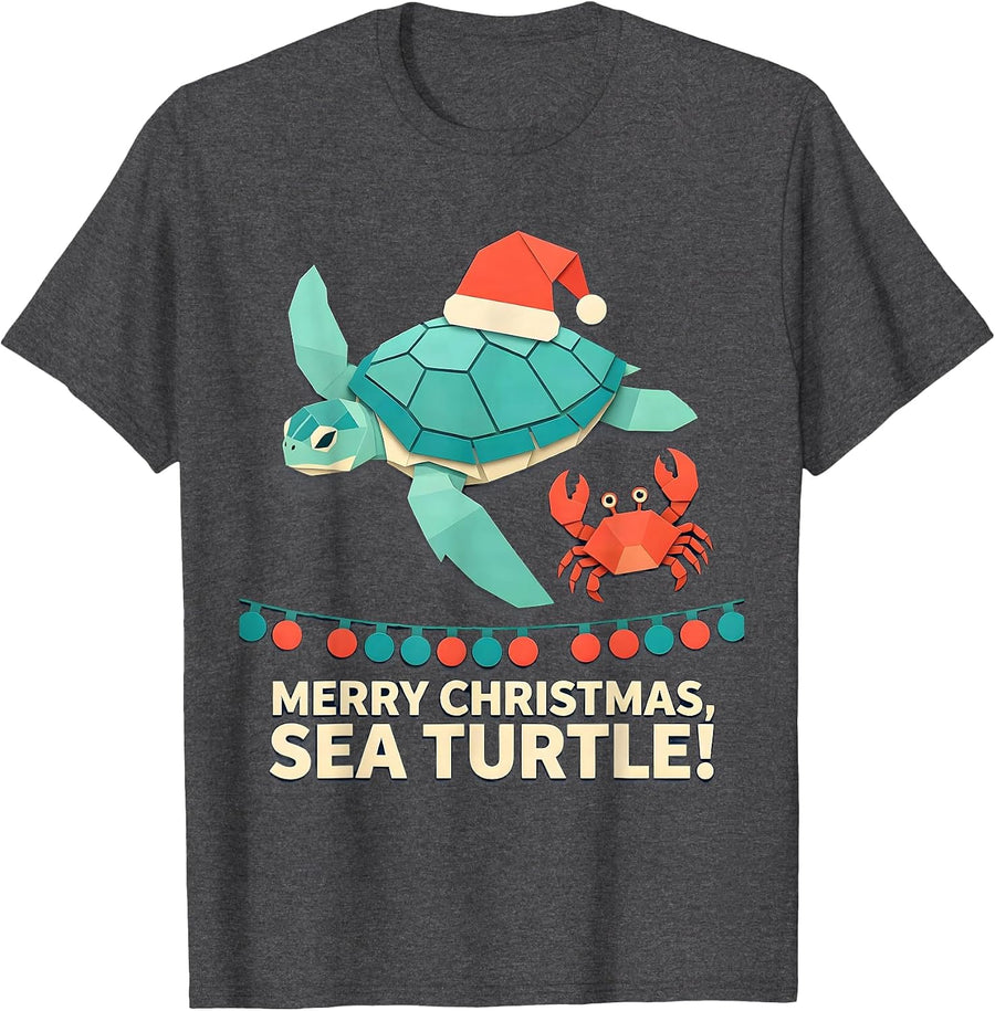 Men's Merry Christmas Sea Turtle Paper Cutout Santa Hat Holiday T-Shirt - Dark Heather Grey