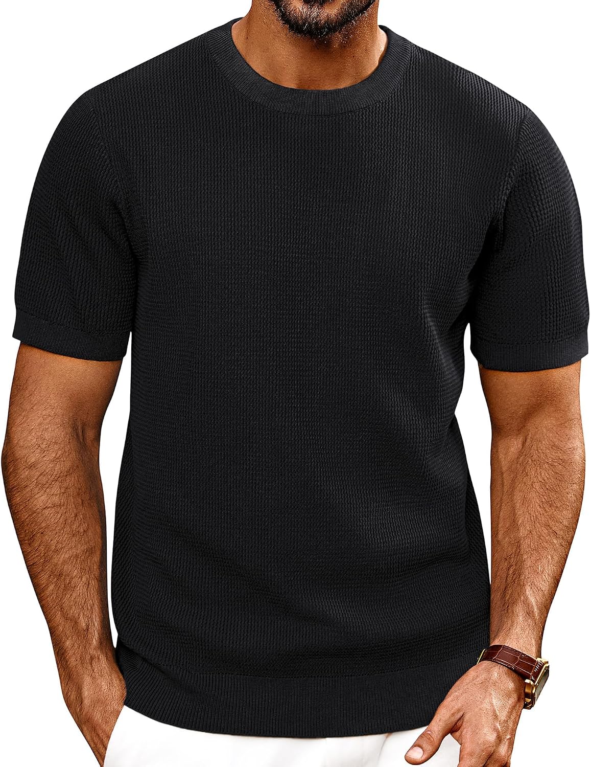 PJ PAUL JONES Mens T Shirts Crewneck Textured Knit Shirt - Black