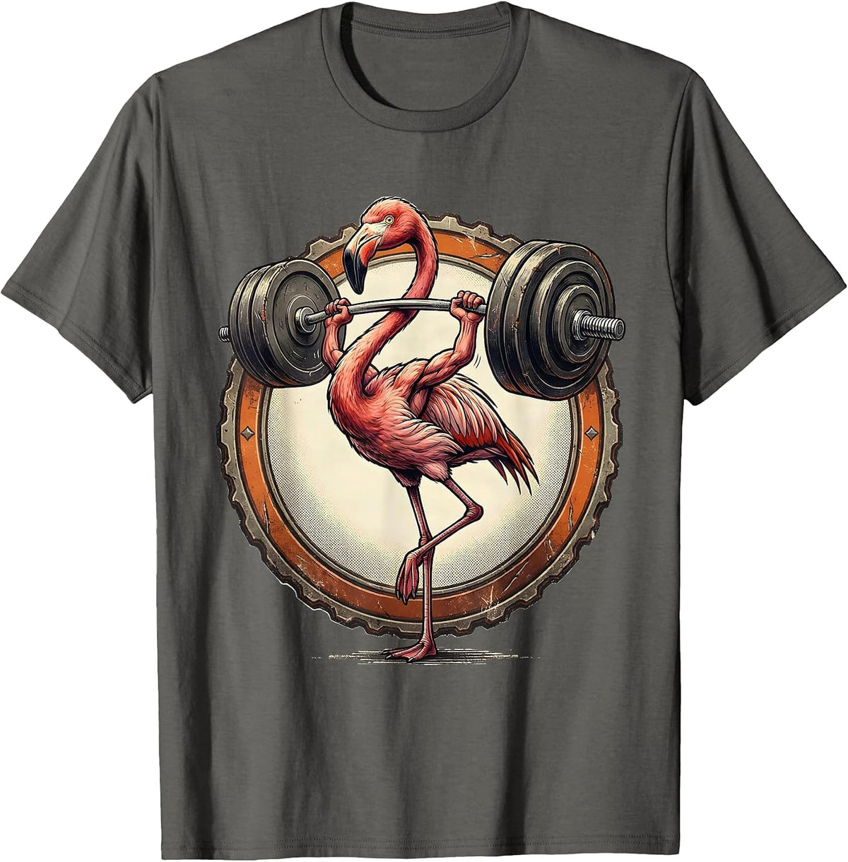 Flamingo Weightlifting Gym Novelty Graphic Tee T-Shirt - Asphalt Grey