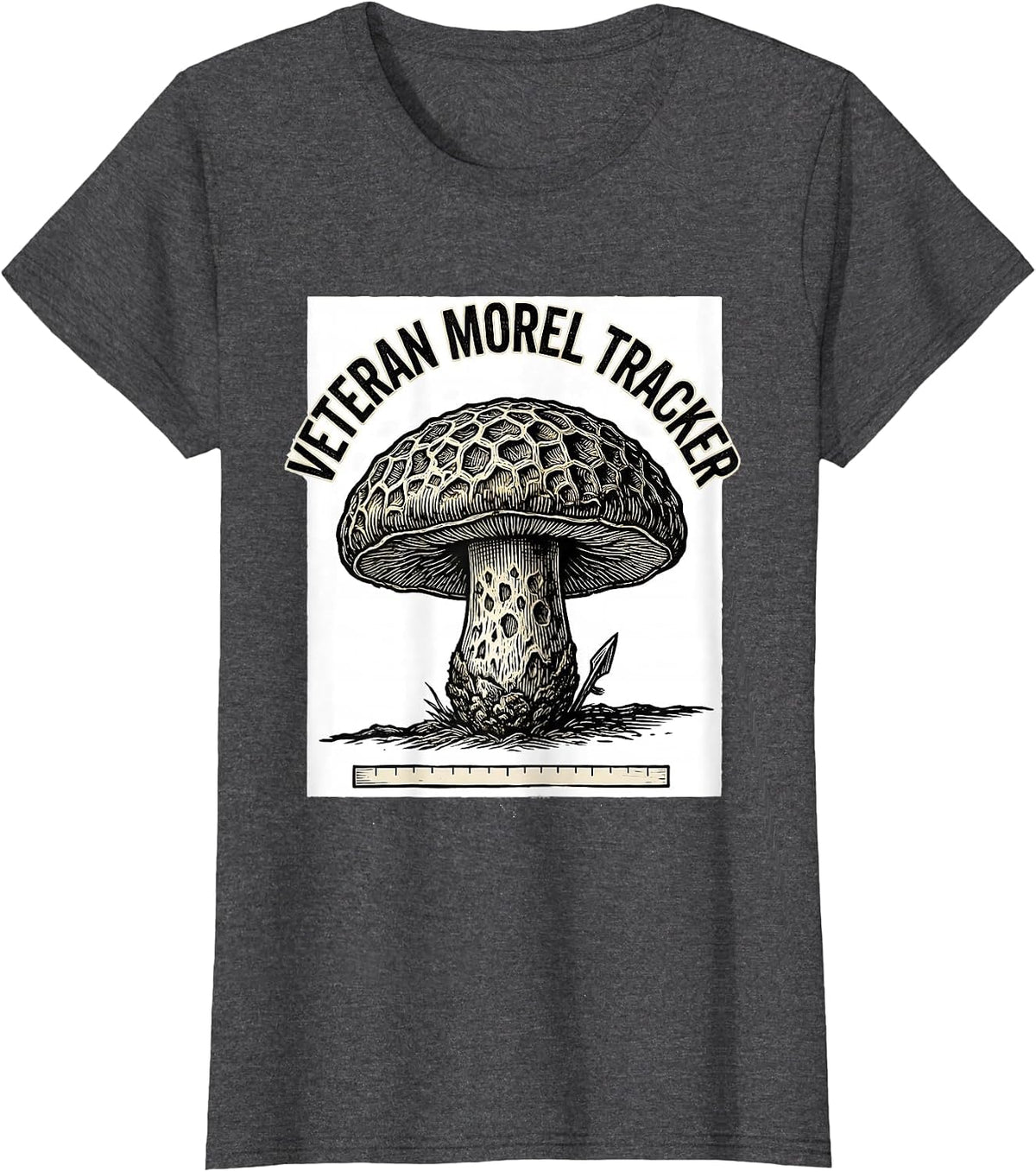 Women's Veteran Morel Tracker Woodcut Engraving Mushroom Forager T-Shirt - Dark Heather Grey