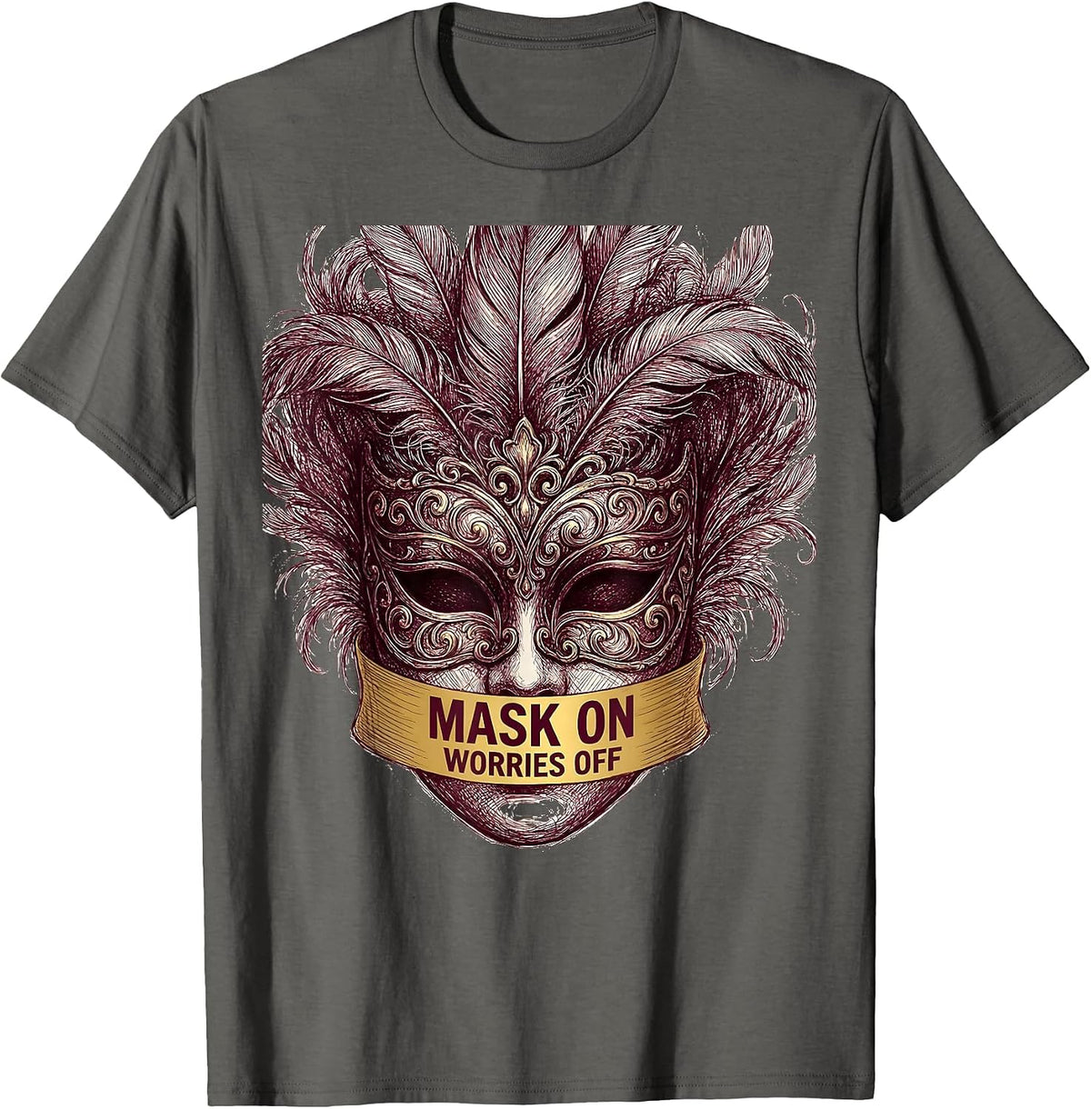 Men's Mask On Worries Off Mardi Gras Design T-Shirt - Asphalt Grey