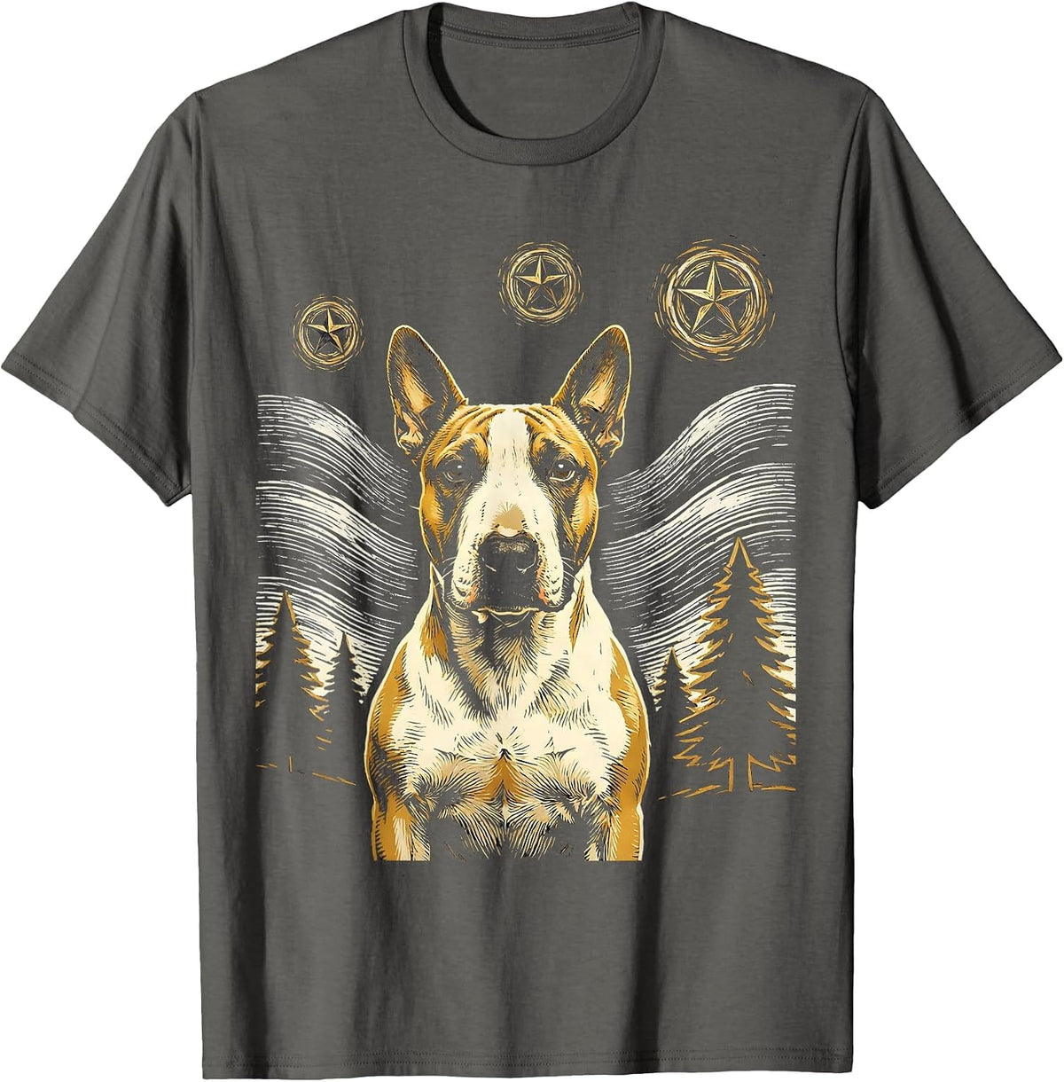 Men's Bull Terrier Dog Van Gogh Style Starry Night Graphic T-Shirt - Asphalt Grey