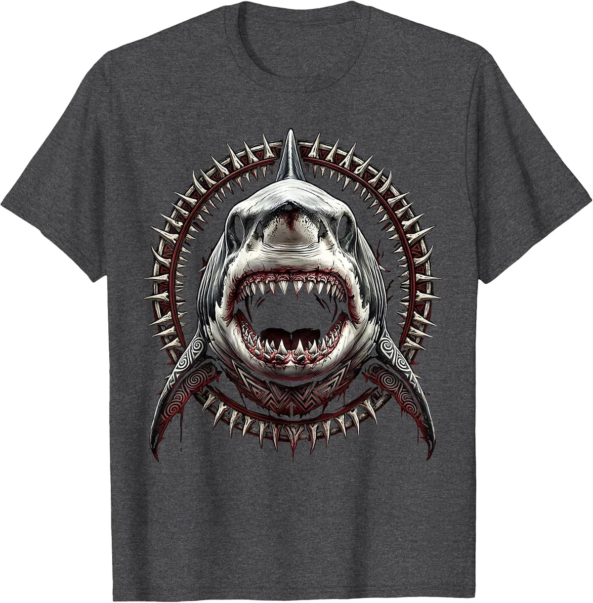 Tribal Tattoo Shark Forward-Facing Graphic T-Shirt - Dark Heather Grey