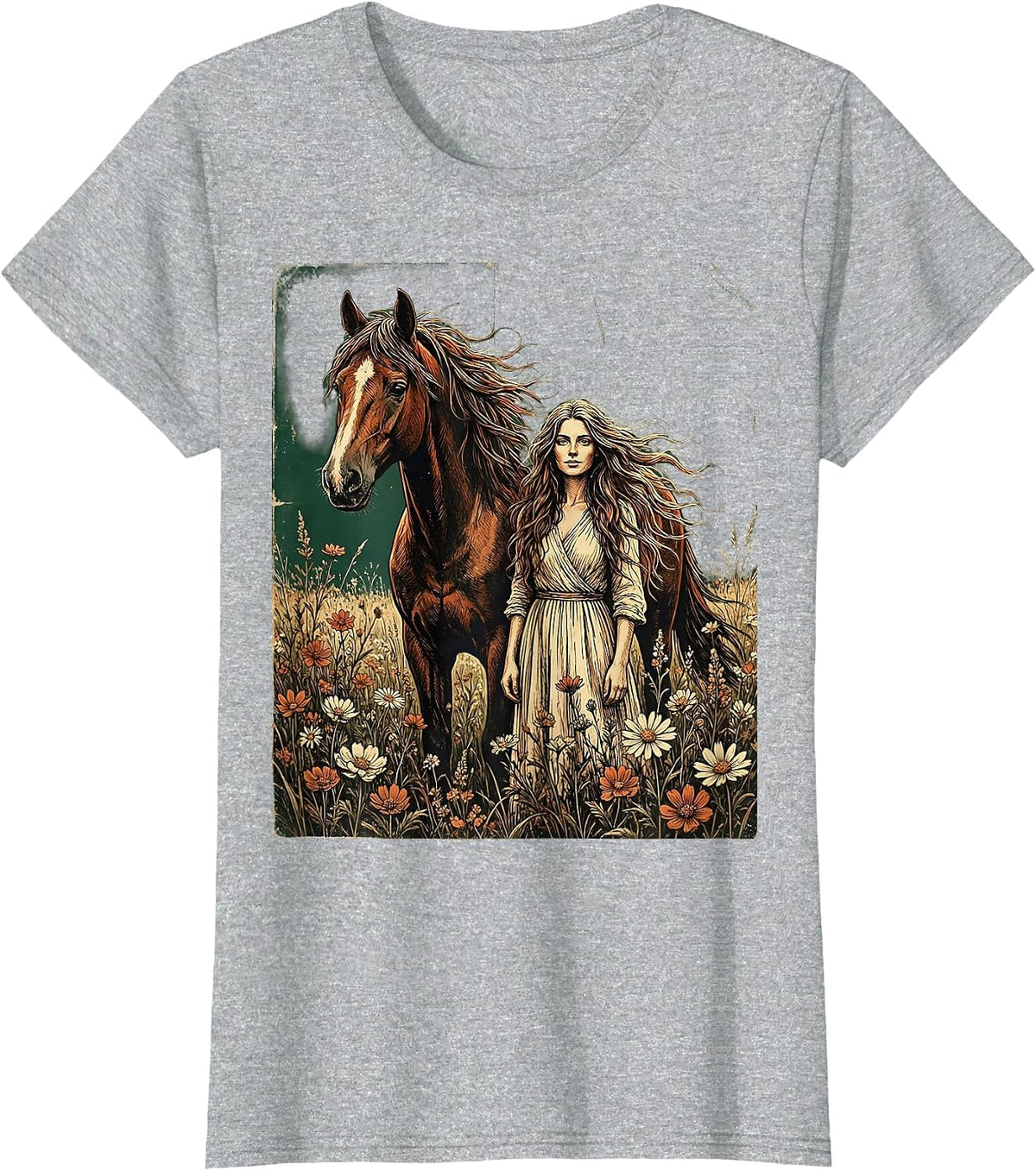 Woman and Horse Wildflower Field Illustration T-Shirt - Heather Grey