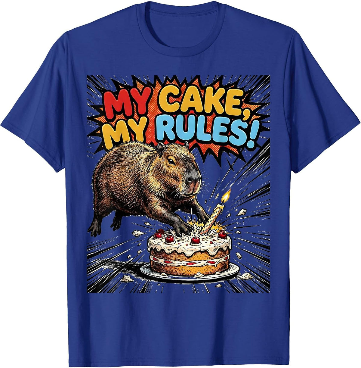 My Cake My Rules Comic Book Capybara Kids Birthday Party T-Shirt - Royal Blue