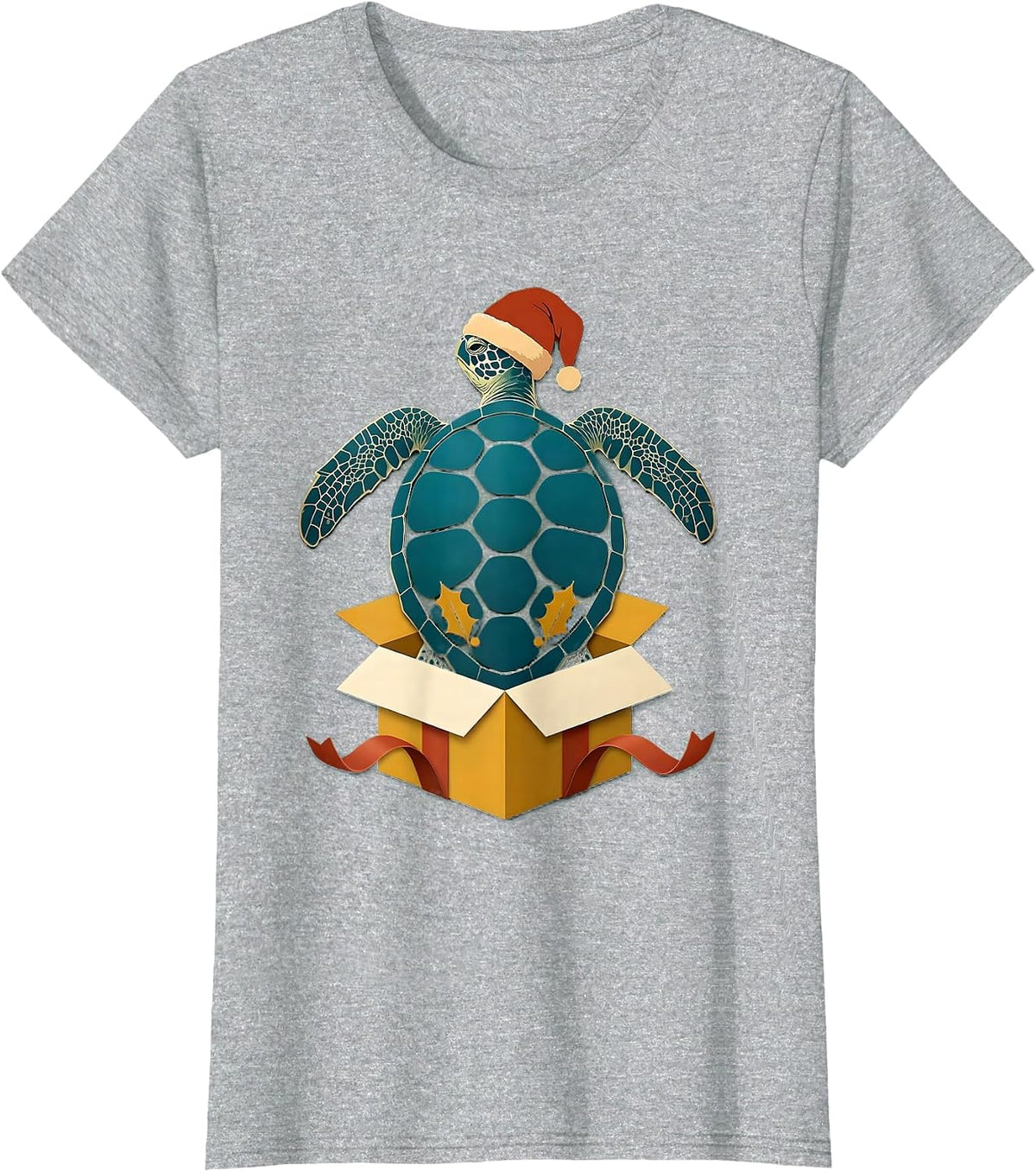 Women's Sea Turtle Santa Hat Paper Cutout Christmas Novelty T-Shirt - Heather Grey