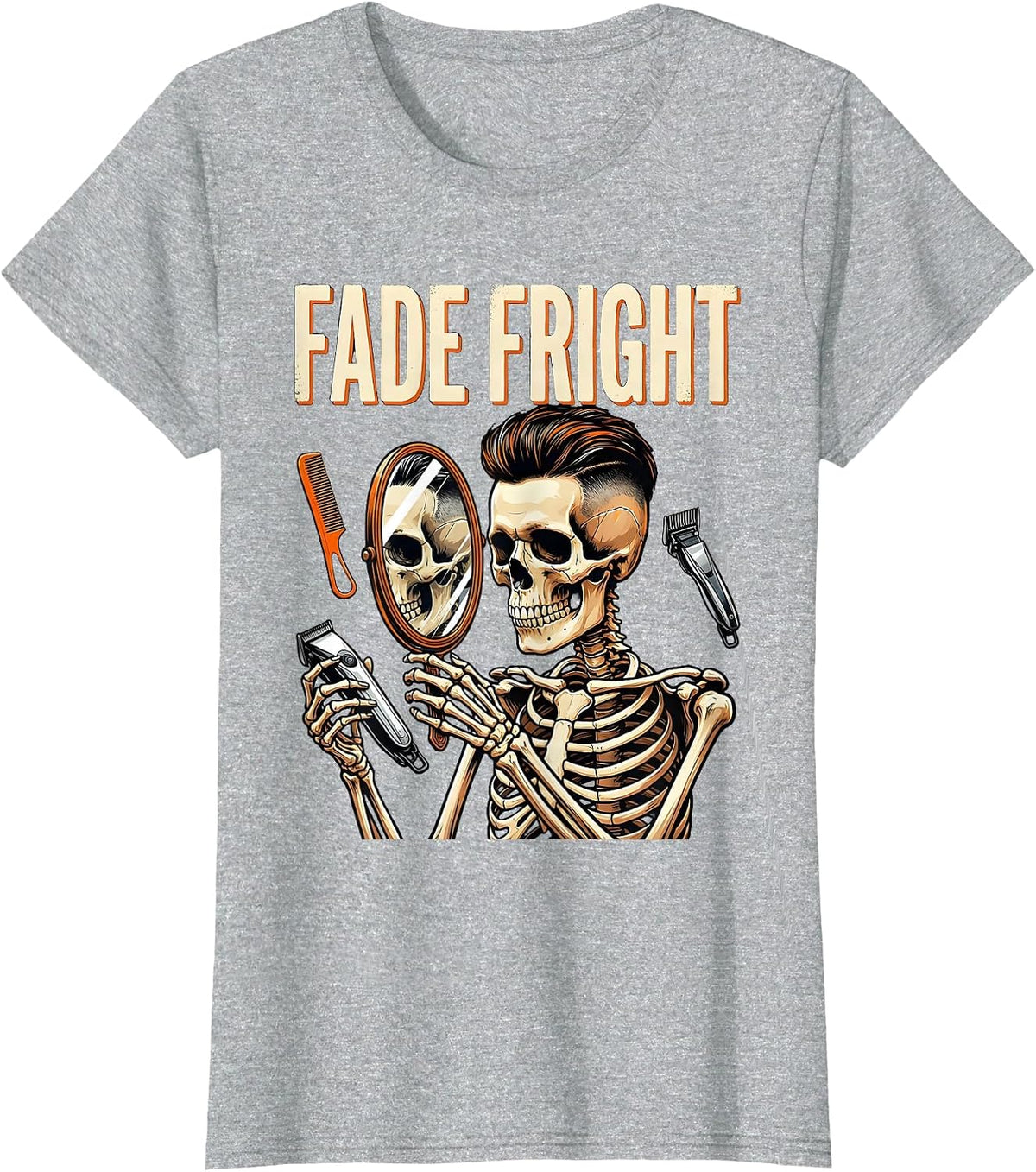 Fade Fright Screenprint Skeleton Barber Halloween T-Shirt - Heather Grey