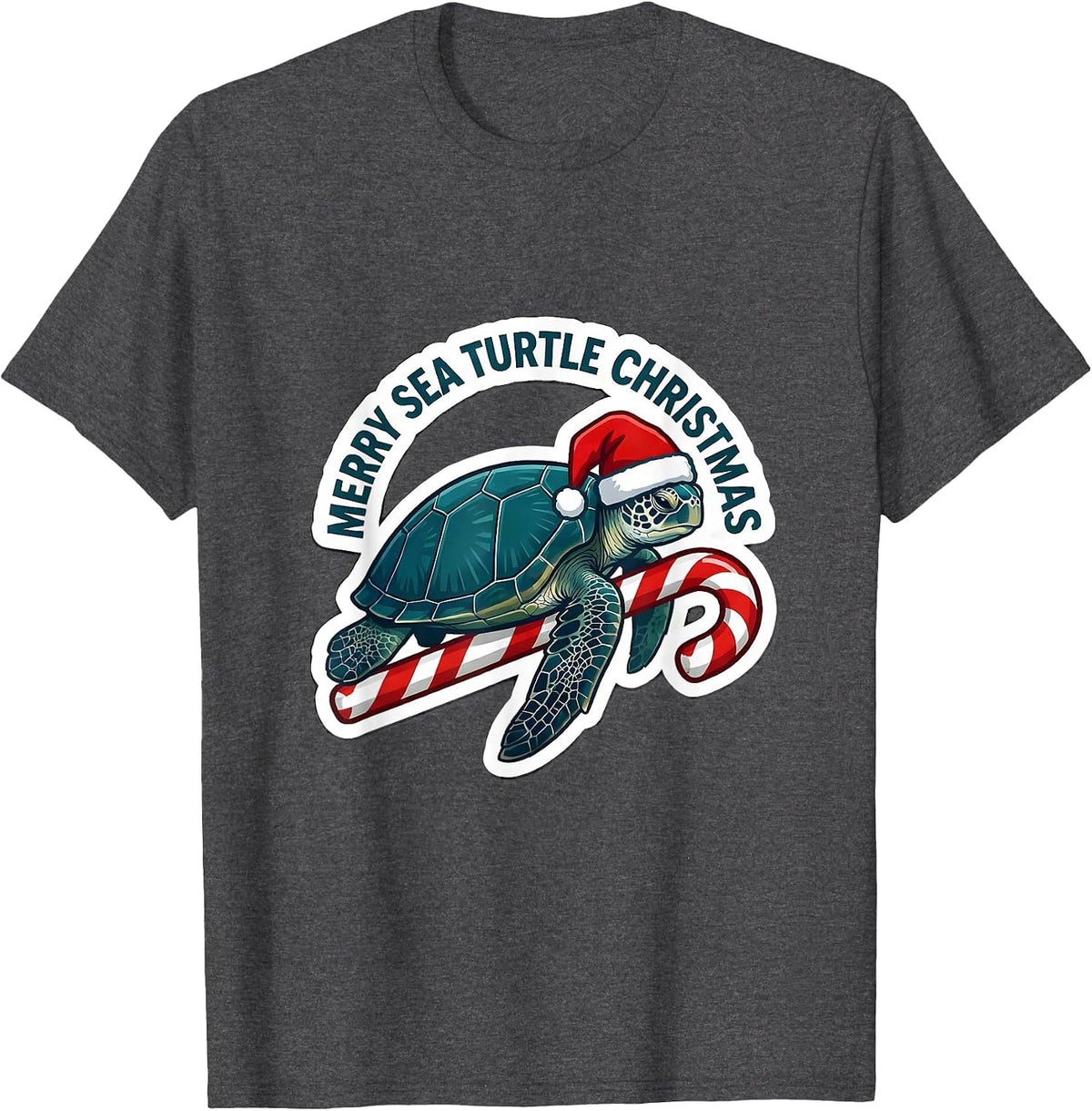 Men's Merry Sea Turtle Christmas Cute Sea Turtle Santa Hat Holiday T-Shirt - Dark Heather Grey